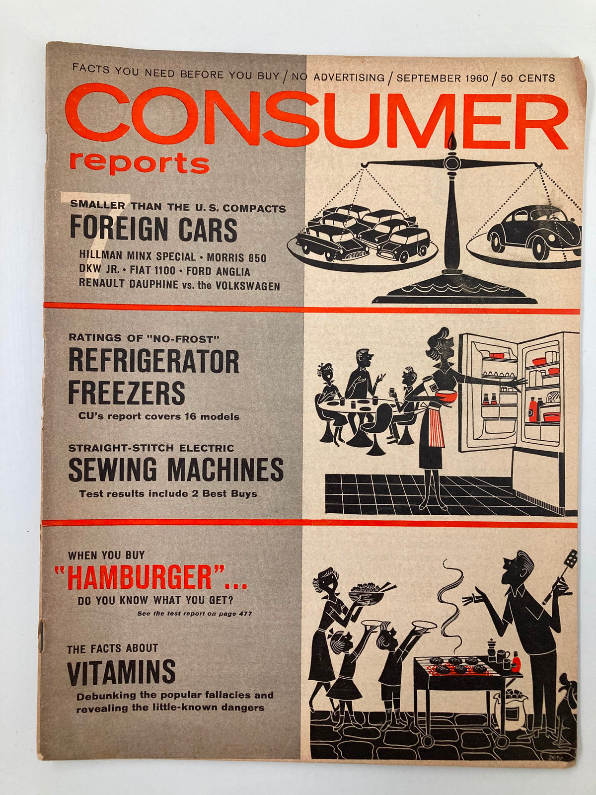 Cover of VTG Consumer Reports Magazine September 1960 featuring a focus on vitamins, foreign cars, and household appliances.