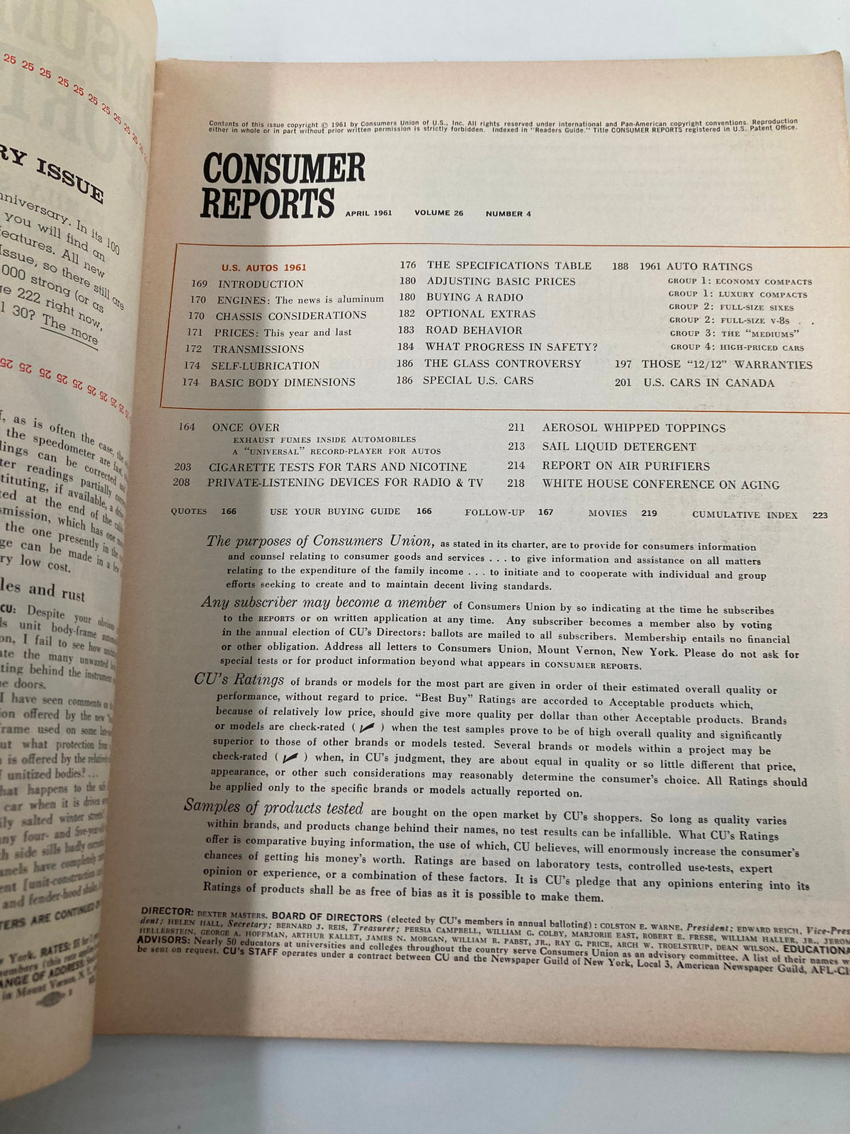Inside page of VTG Consumer Reports Magazine April 1961 displaying content list, including reports on U.S. autos and tests of air purifiers and cigarettes.