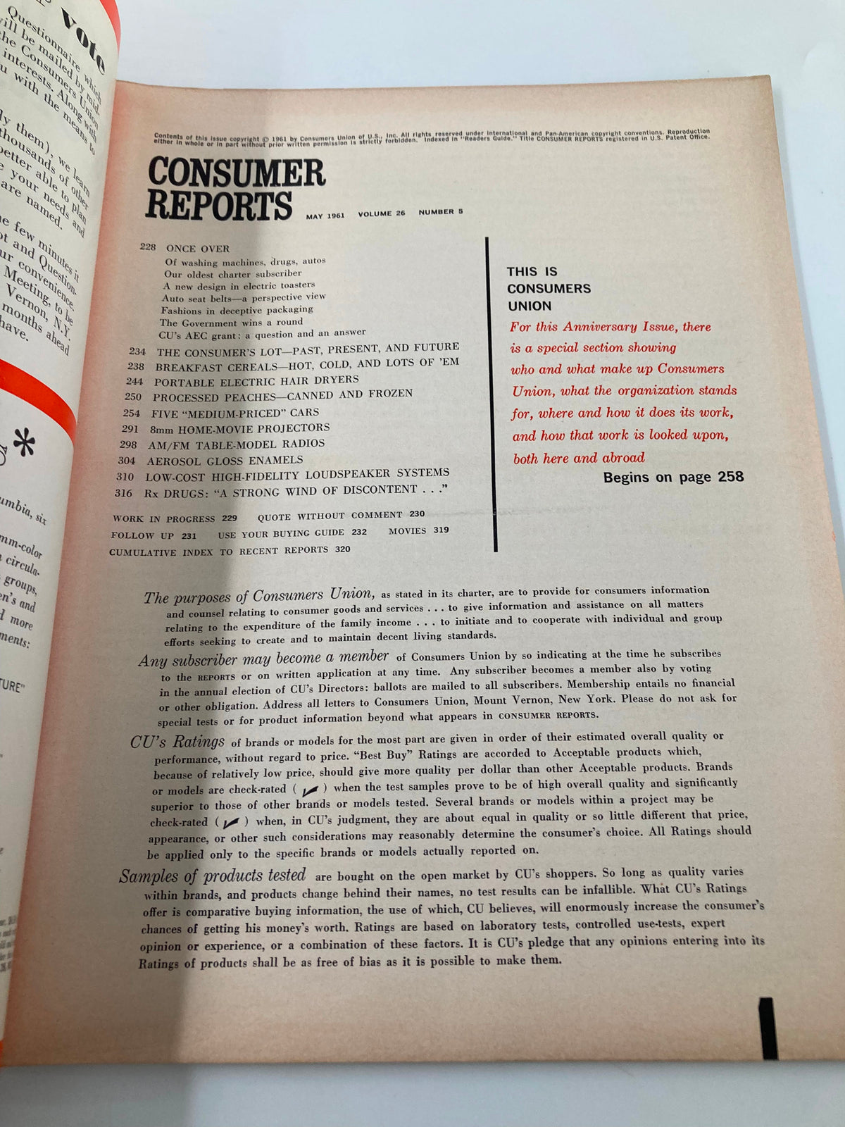 Inside page of VTG Consumer Reports Magazine May 1961 displaying the table of contents highlighting various product tests and features.