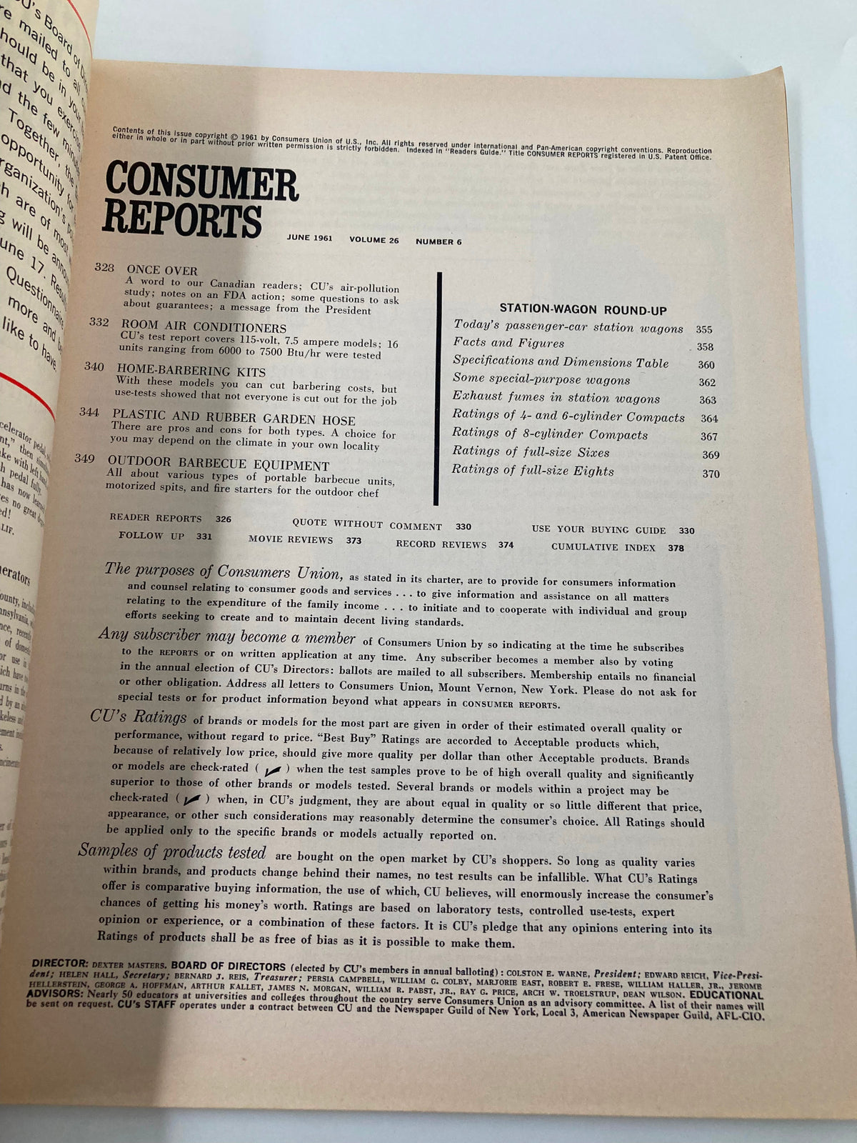 Interior page of VTG Consumer Reports Magazine June 1961 displaying contents including home-barbering kits, showcasing product evaluations from the past.