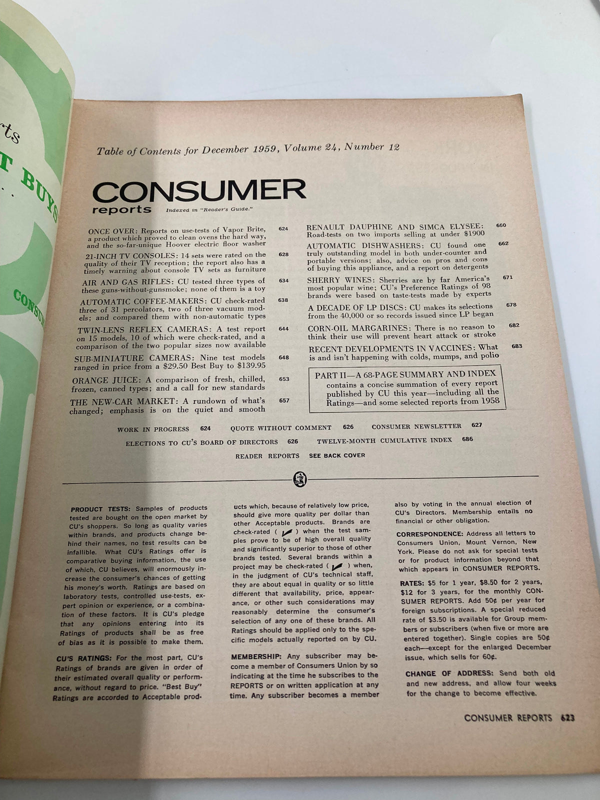 VTG Consumer Reports Magazine December 1959 table of contents page highlighting articles including road tests of the Renault Dauphine and Simca Elysee.