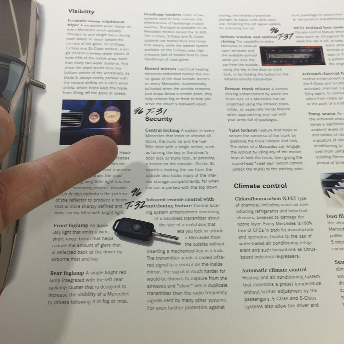Section of the 1996 Mercedes-Benz E-Class SL-Class dealership car auto brochure catalog discussing vehicle security features.