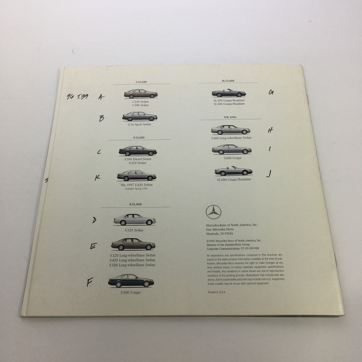 Back cover of the 1996 Mercedes-Benz E-Class SL-Class Dealership Car Auto Brochure Catalog featuring lineup of Mercedes-Benz models with identification labels.