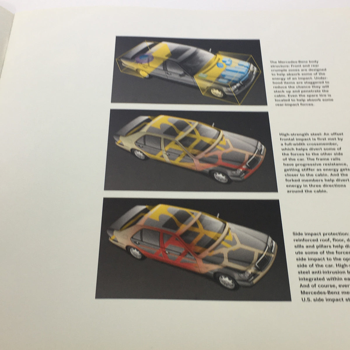 Illustration from the 1996 Mercedes-Benz E-Class SL-Class C-Class Dealership Car Auto Brochure Catalog demonstrating the safety features and high-strength steel used in Mercedes-Benz vehicles.