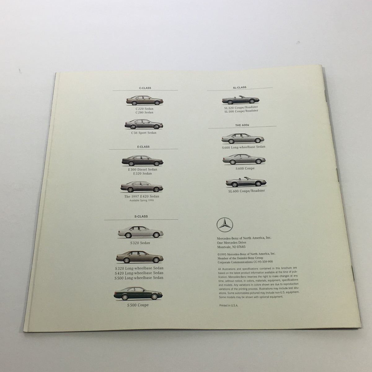 1996 Mercedes-Benz E-Class SL-Class C-Class Dealership Car Auto Brochure Catalog showcasing various models including C-Class, E-Class, SL-Class, and S-Class with specifications.