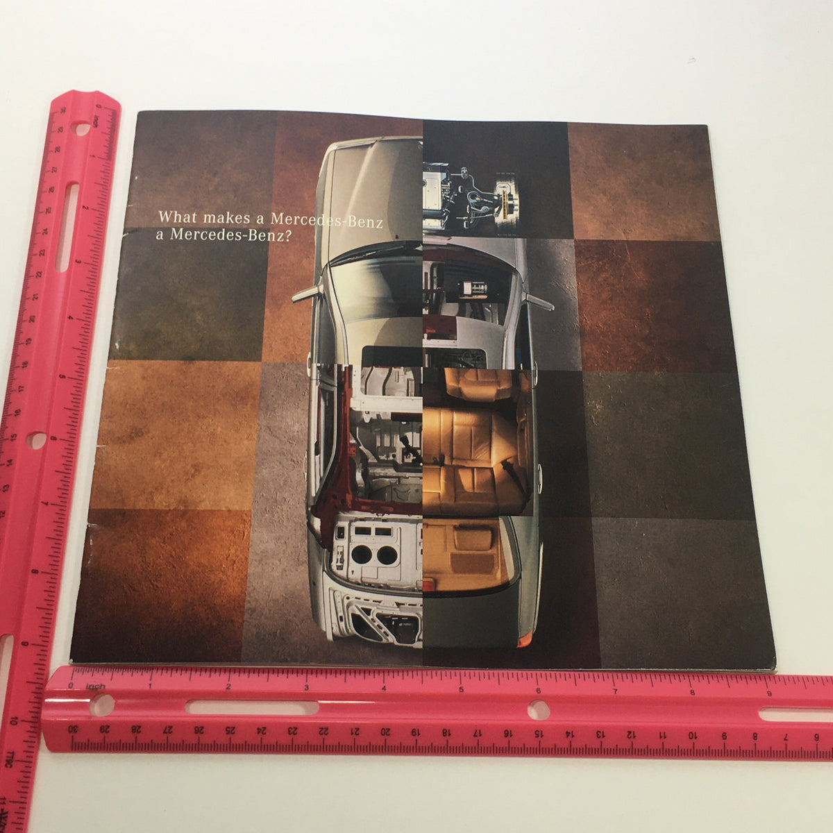 1996 Mercedes-Benz E-Class SL-Class C-Class Dealership Car Auto Brochure Catalog cover featuring an image split of a Mercedes-Benz car, highlighting its luxury design and engineering.