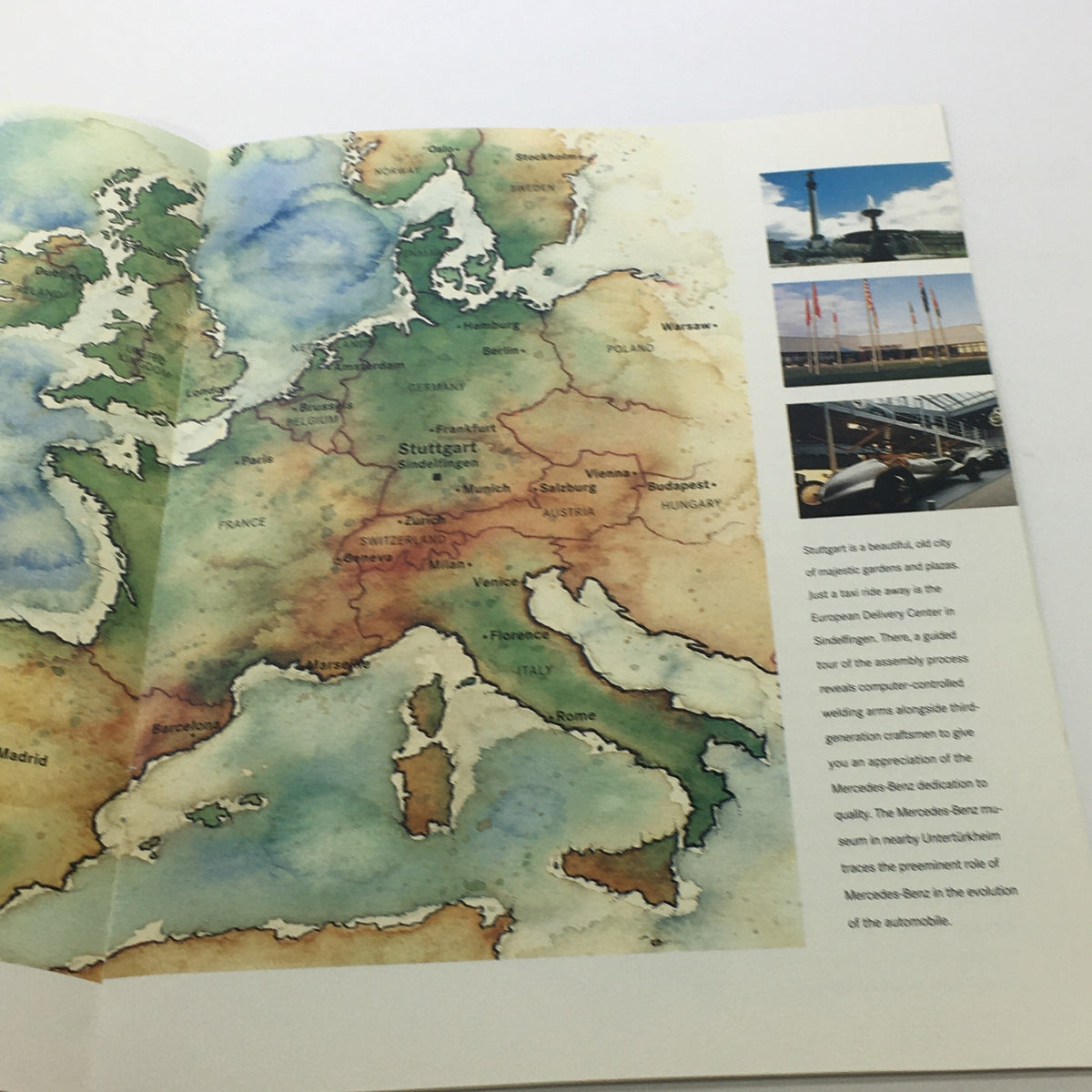 Map illustration in the 1995 Mercedes-Benz European Delivery Dealership Car Auto Brochure Catalog showing key European locations and the European Delivery Center in Stuttgart.