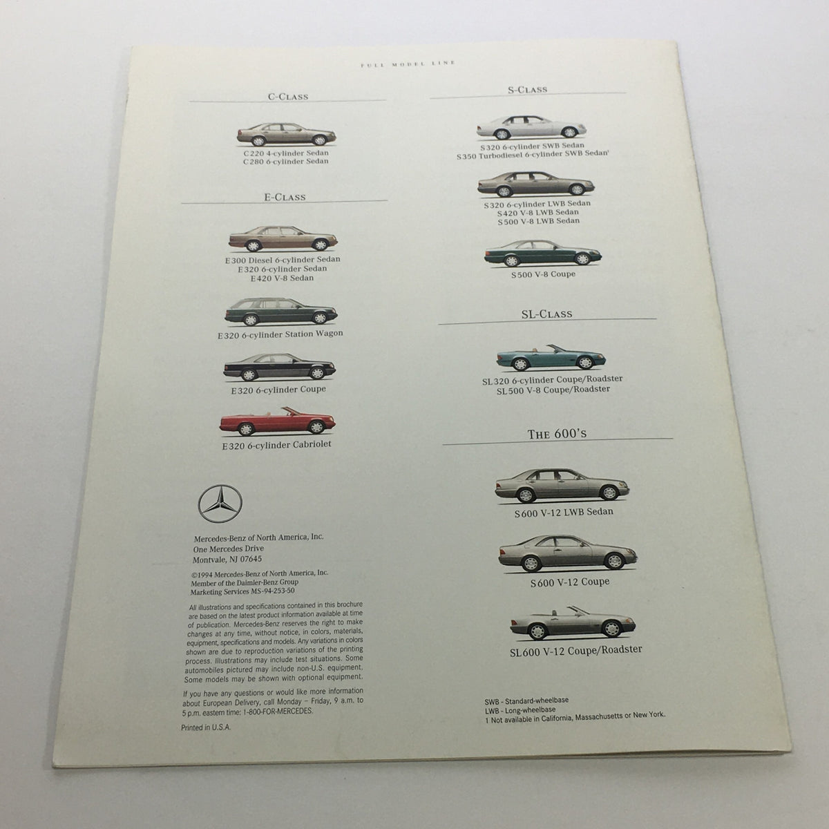 Full model line of Mercedes-Benz vehicles listed in the 1995 European Delivery Dealership Car Auto Brochure Catalog showcasing various models and specifications.