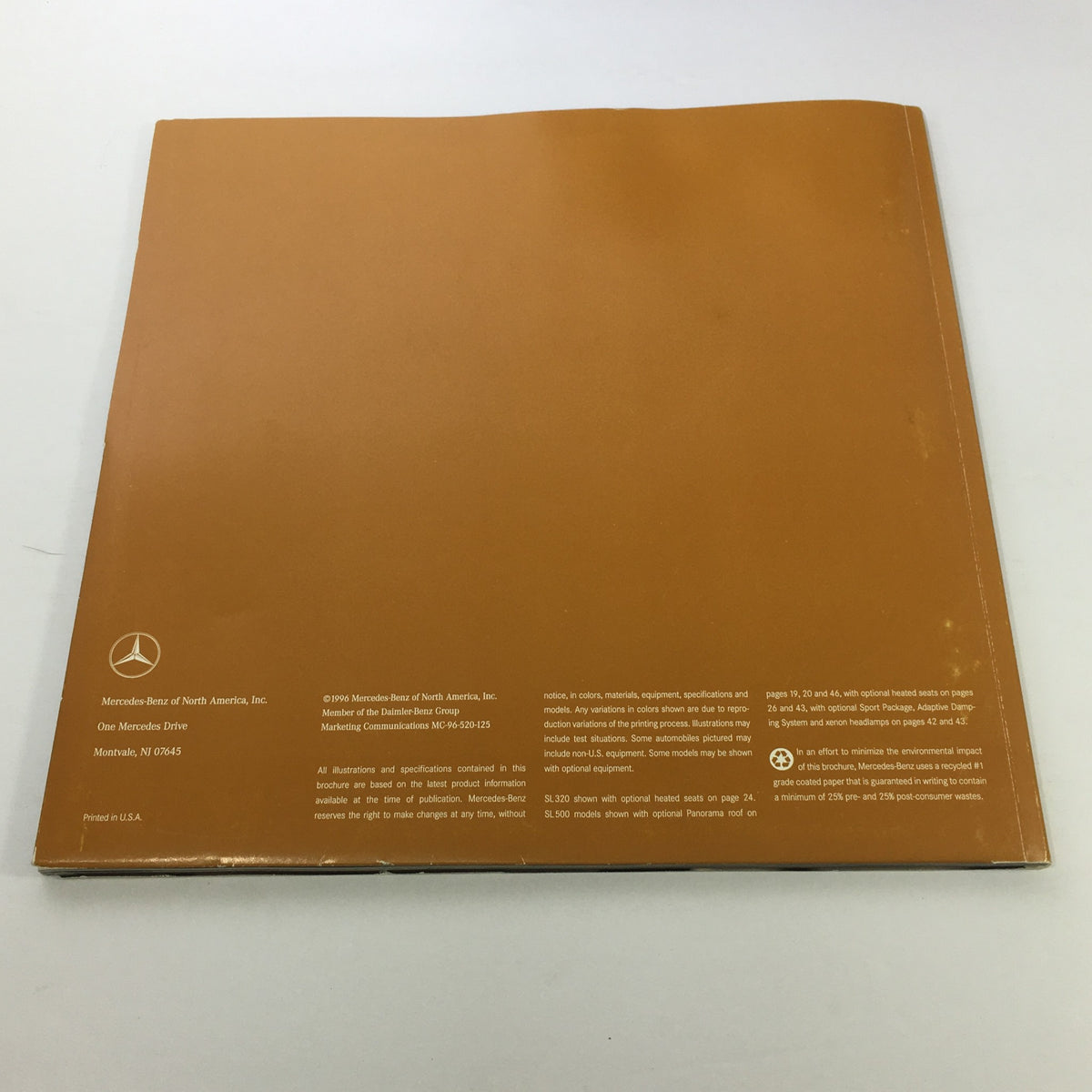 1997 Mercedes-Benz SL-Class Dealership Car Auto Brochure Catalog featuring the back cover design, highlighting the branding and informational text about the Mercedes-Benz company.