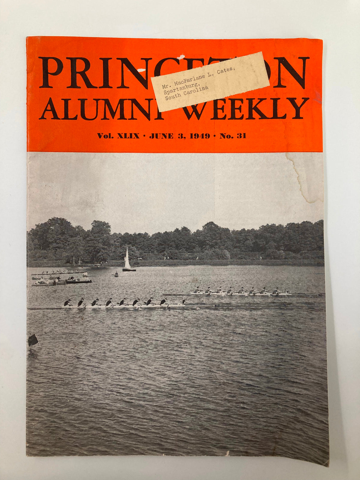 Cover of VTG Princeton Alumni Weekly June 3, 1949, featuring a tribute to James Forrestal, with an orange header and an image of rowing activities on a lake.