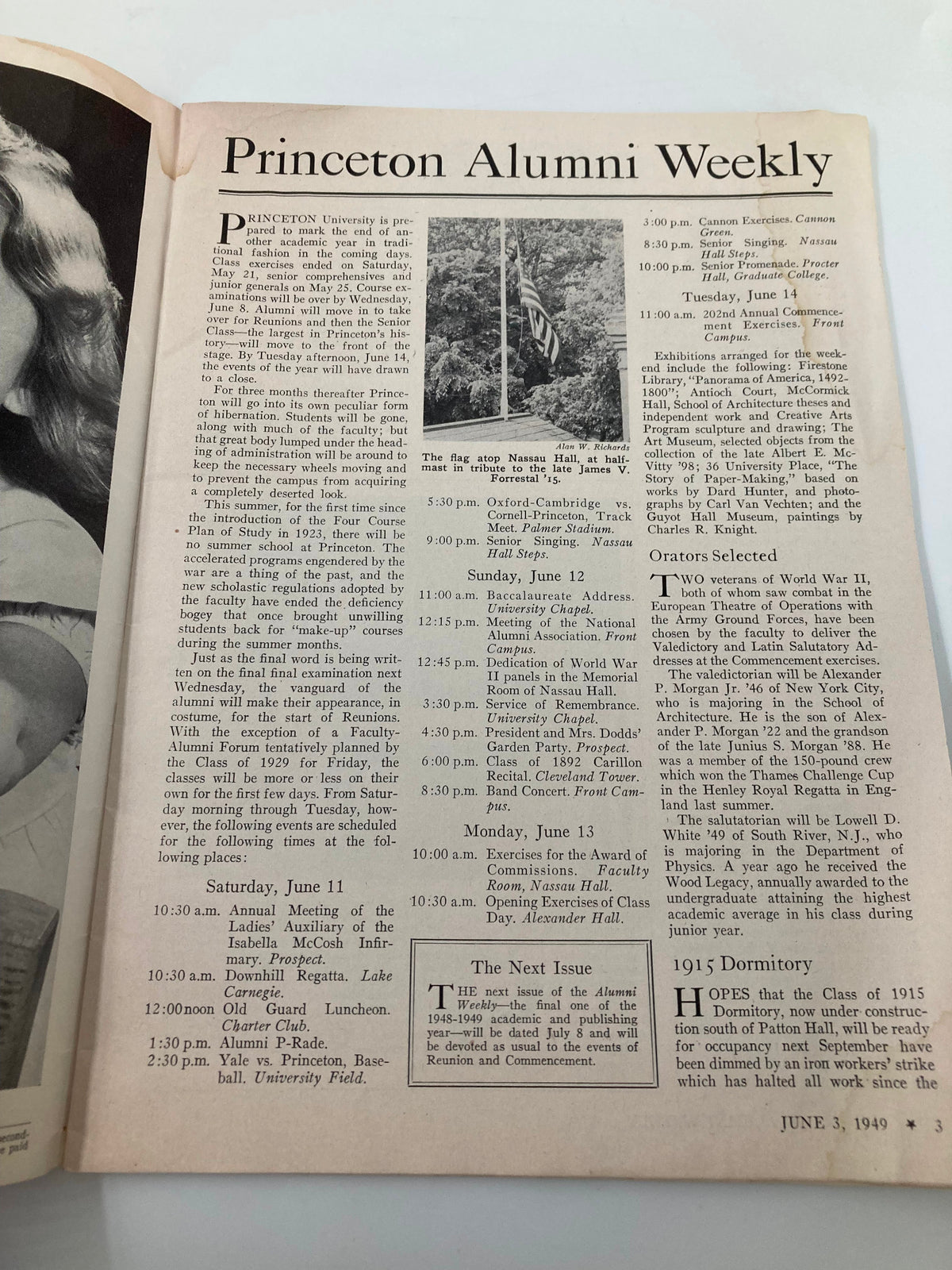 Inside page of VTG Princeton Alumni Weekly June 3, 1949, showing event schedules and activities surrounding Princeton University Reunions and Commencement, along with a flag at Nassau Hall.