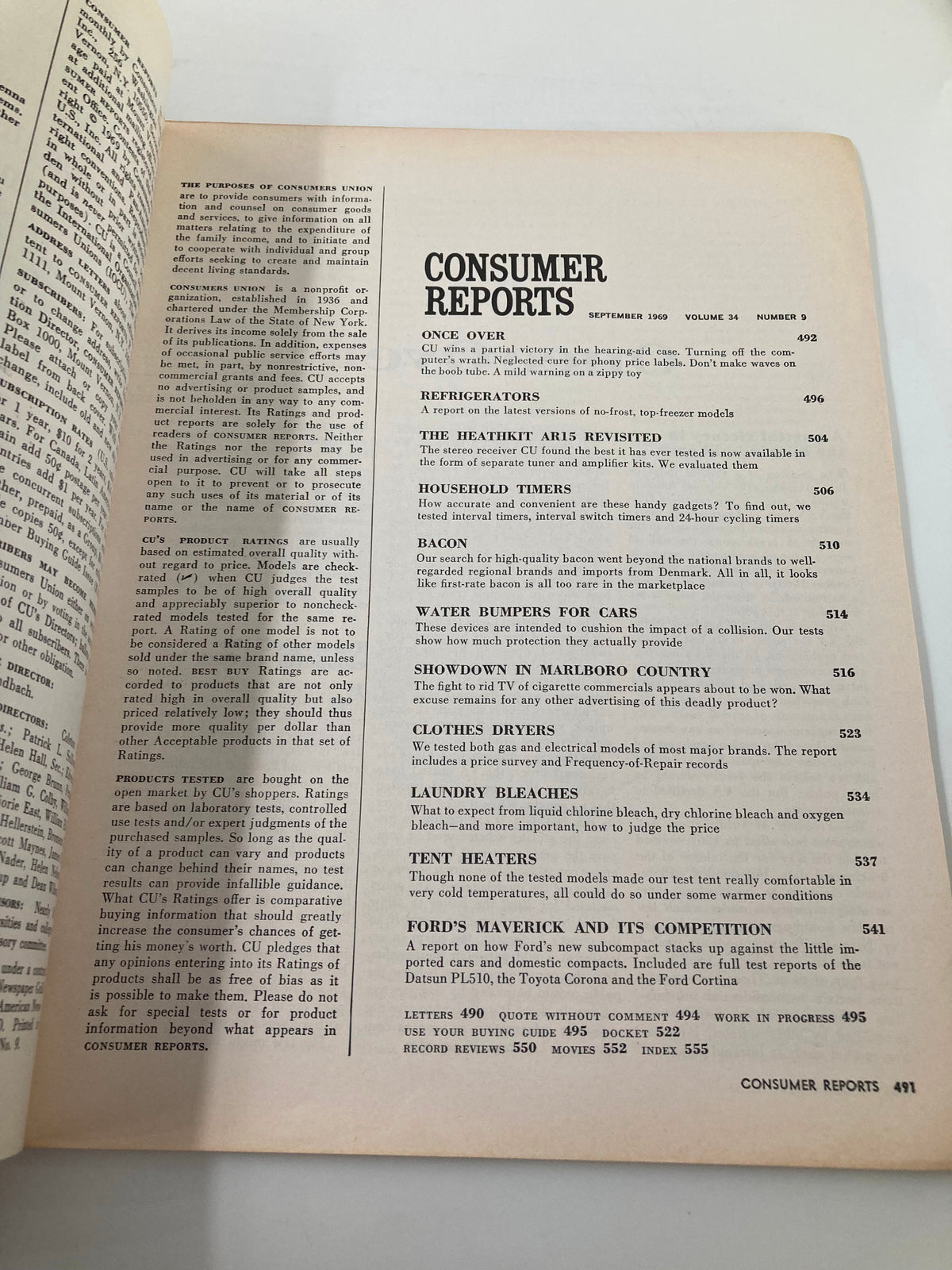 Inside page of Consumer Reports Magazine from September 1969 displaying contents with articles on refrigerators, bacon, and tobacco advertising.