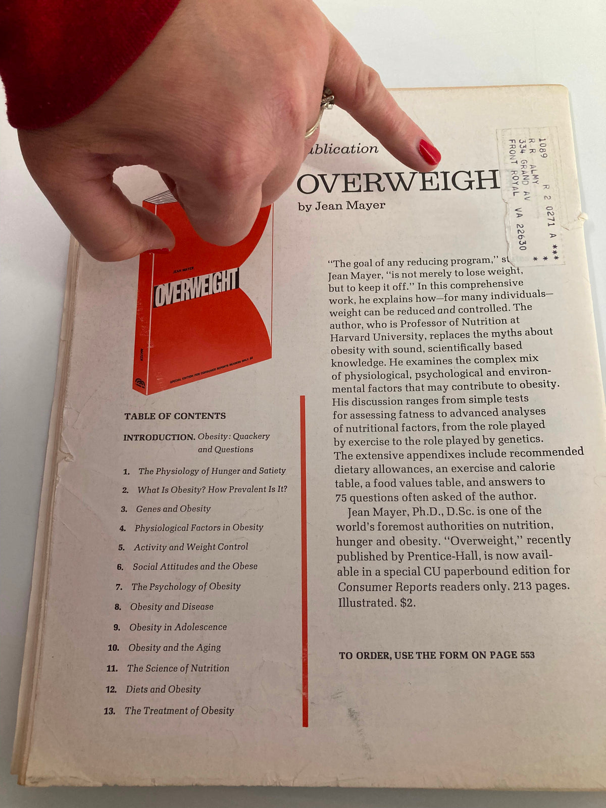 Page from Consumer Reports Magazine September 1969 showing advertisement for 'Overweight' by Jean Mayer and highlighting topics on nutrition and obesity.