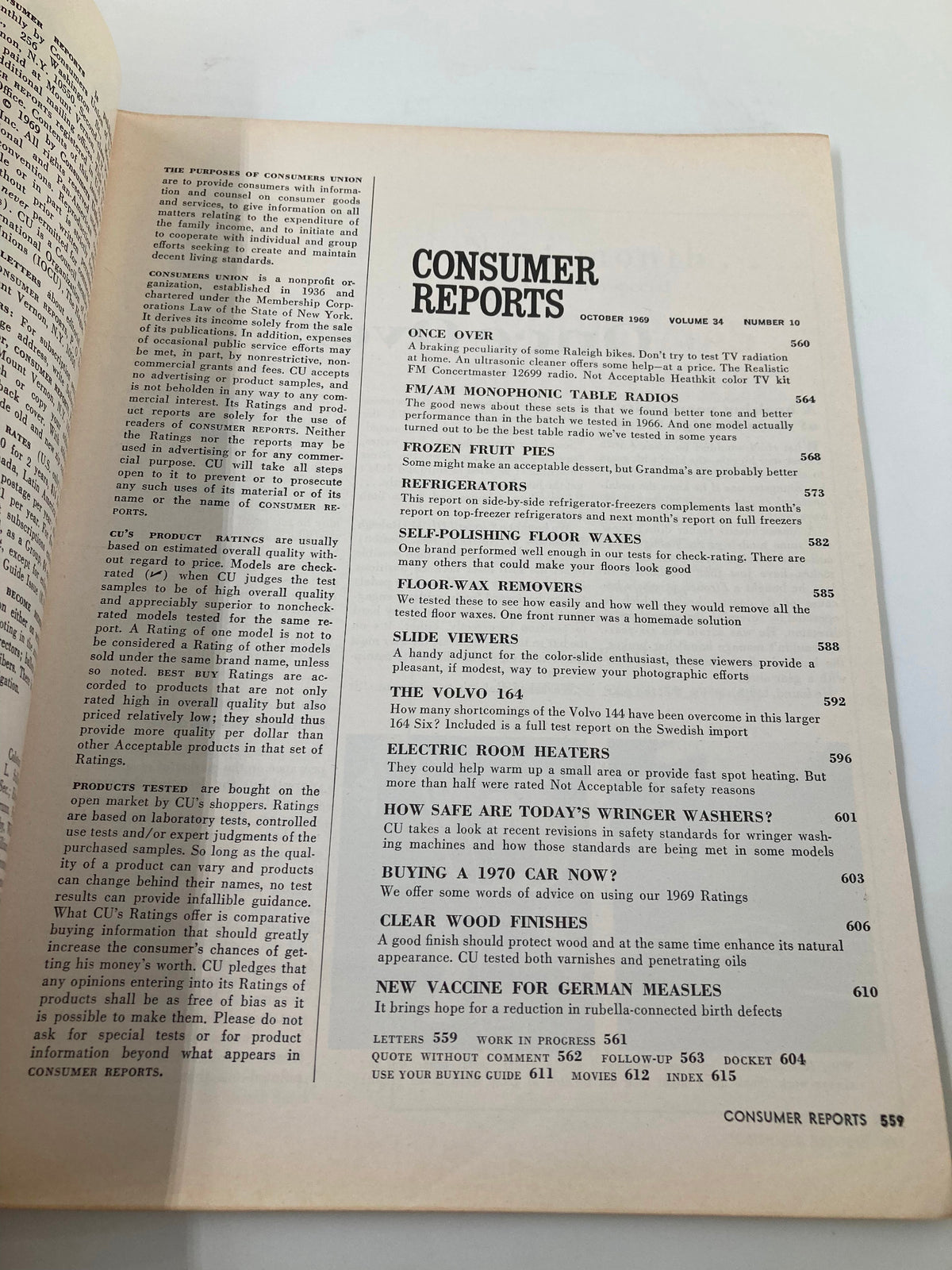 Interior page of VTG Consumer Reports Magazine October 1969 detailing articles and ratings on FM/AM table radios and other products.