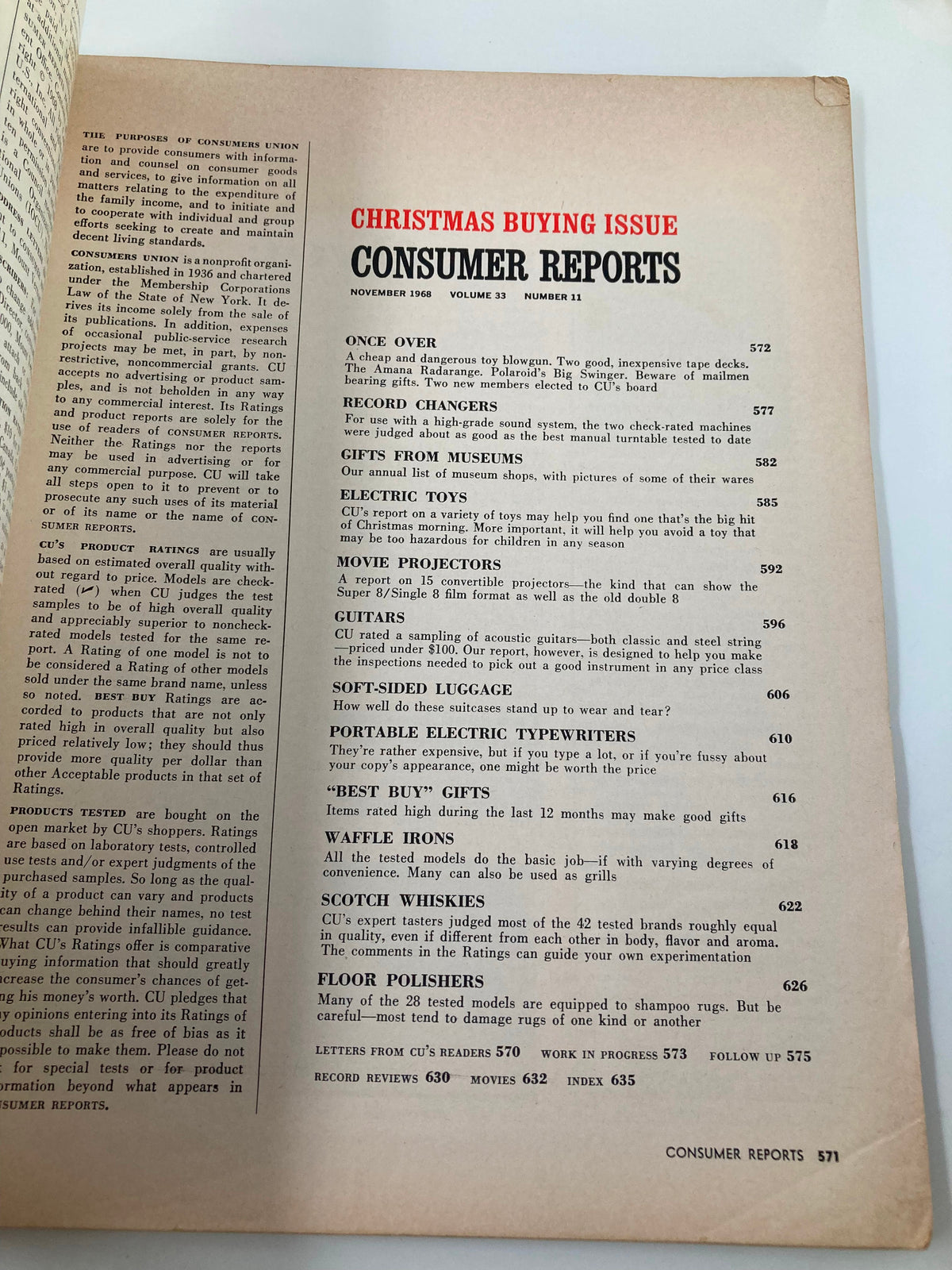 Interior page of VTG Consumer Reports Magazine November 1968 outlining the contents, including reviews on Portable Electric Typewriters and other products for Christmas purchasing.