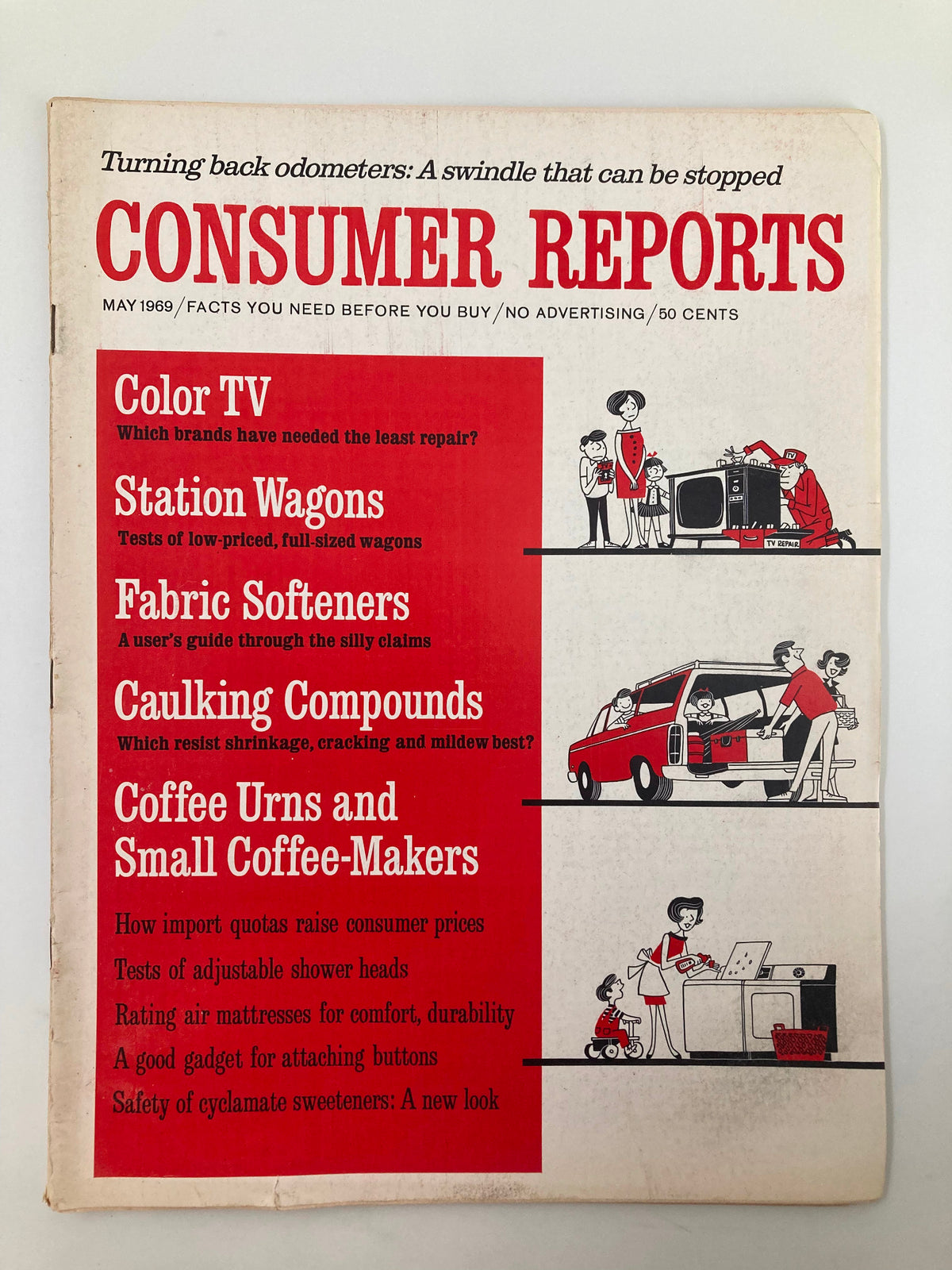 Cover of VTG Consumer Reports Magazine from May 1969 featuring topics on Color TV, Station Wagons, Fabric Softeners, Caulking Compounds, and detailed reviews on Coffee Urns and Small Coffee-Makers.