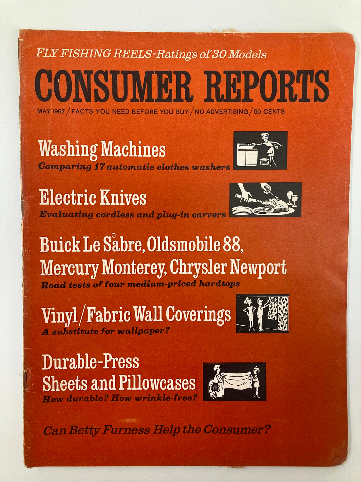 Vintage Consumer Reports Magazine cover from May 1967 featuring Durable-Press Sheets and Pillowcases, along with articles on washing machines and electric knives, highlighting the focus on consumer trends.
