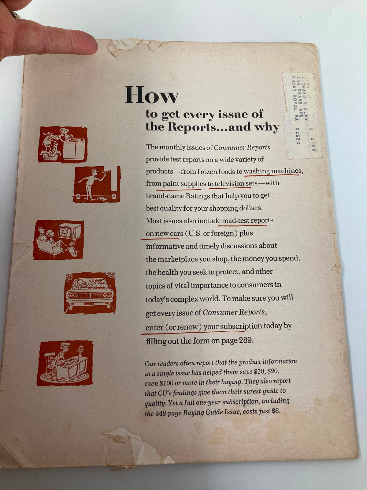 Back cover of the May 1967 Consumer Reports Magazine discussing subscription details and consumer reports on various products, including Durable-Press Sheets and Pillowcases.