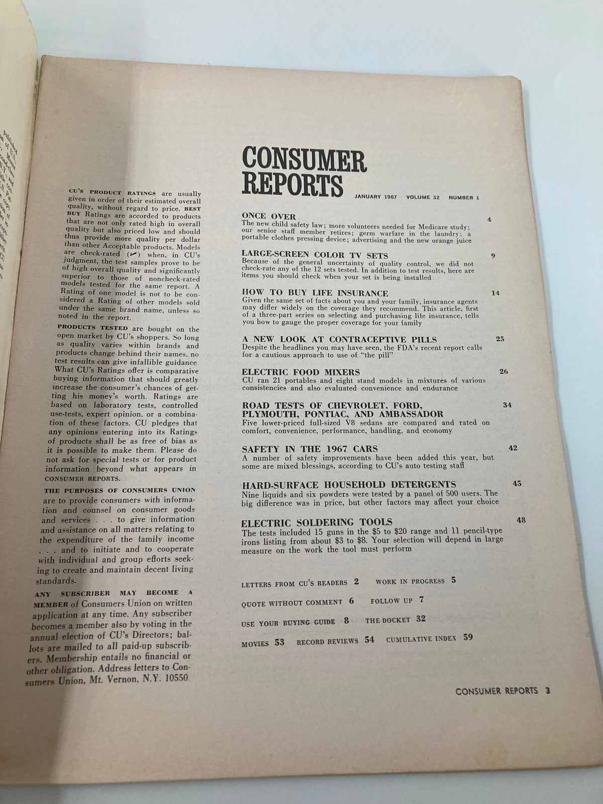 Inside page of VTG Consumer Reports Magazine January 1967 showing the table of contents, including features on large-screen color TV sets and hard-surface household detergents. This page reflects the consumer insights of the era.