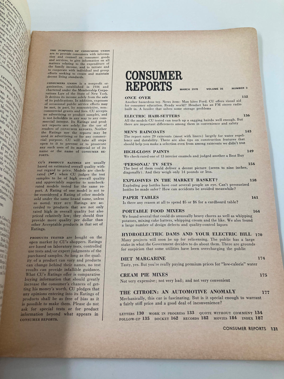 Table of contents from the VTG Consumer Reports Magazine March 1970, listing features including Portable Food Mixers and Electric Hair-Setters.