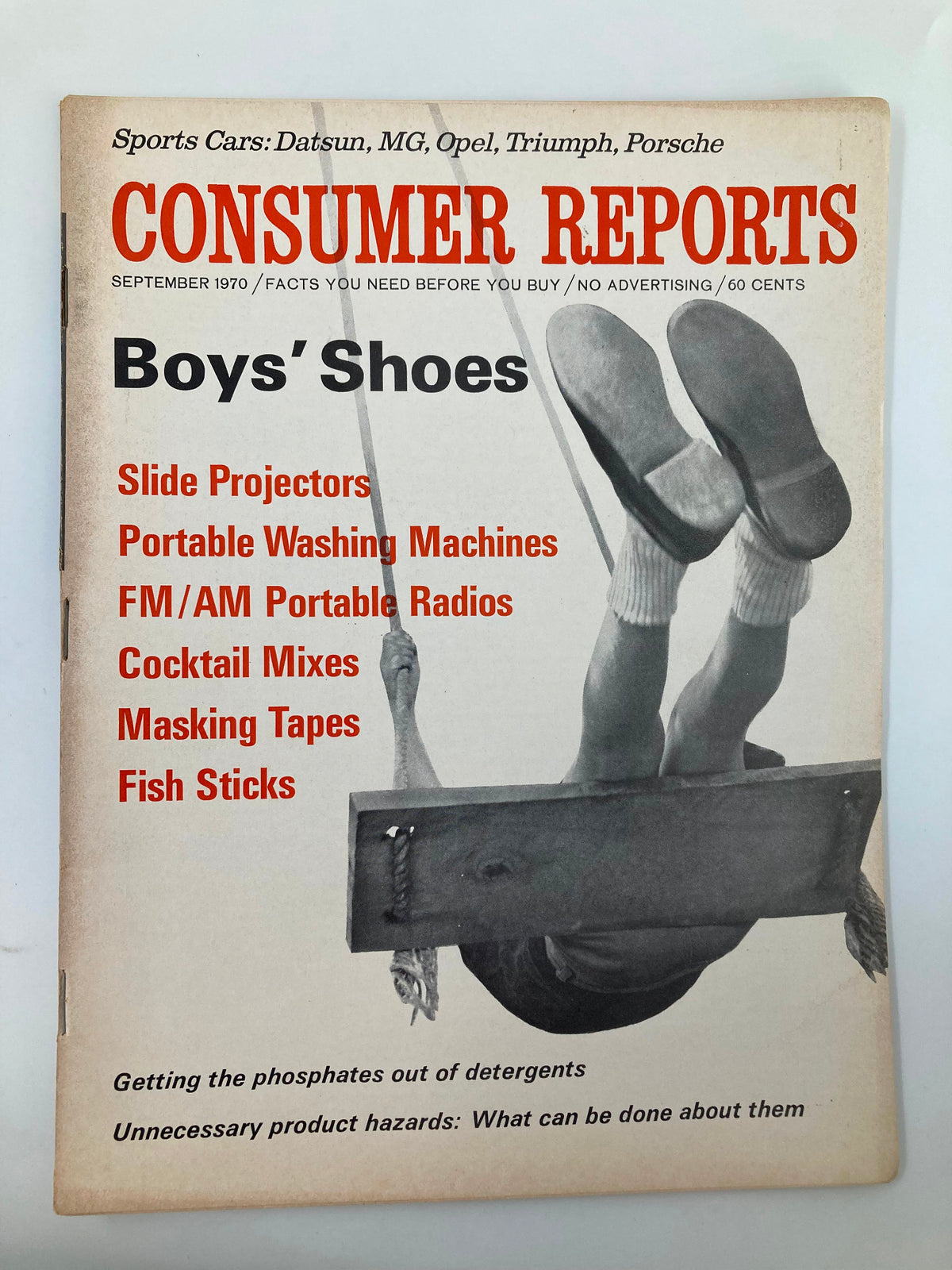 Cover of the September 1970 issue of Consumer Reports featuring articles on Datsun, MG, Triumph sports cars, and additional product reviews. The title reads 'Consumer Reports' with highlights on boys' shoes and various household products.