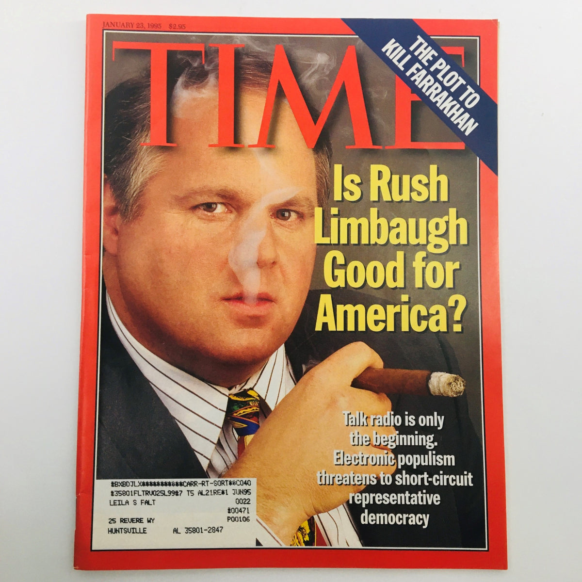 Time Magazine January 23 1995 Vol 145 #3 featuring Rush Limbaugh on the cover, with the headline asking if Rush Limbaugh is good for America. The cover showcases Limbaugh with a cigar, reflecting the political discourse of the mid-90s.