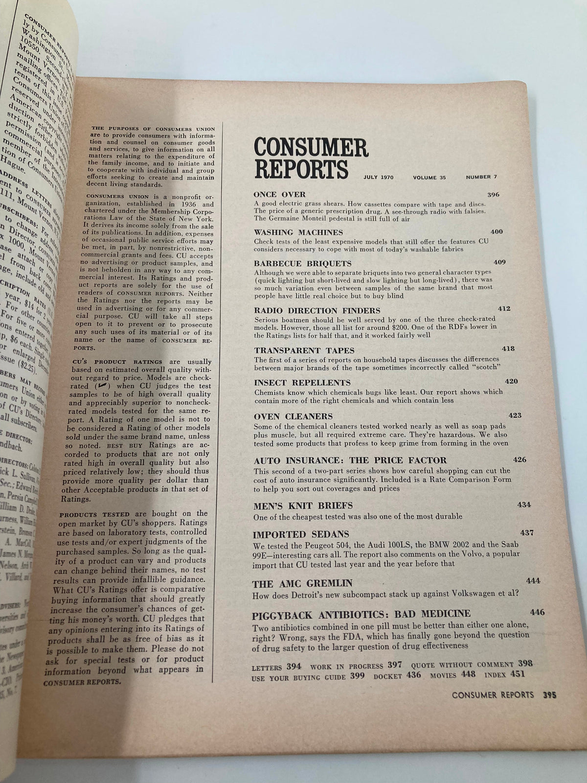 Page from the July 1970 Consumer Reports Magazine showcasing critical product reviews and consumer insights, including a feature on battery-powered grass shears. This vintage publication captures the era's gardening technology advancements.