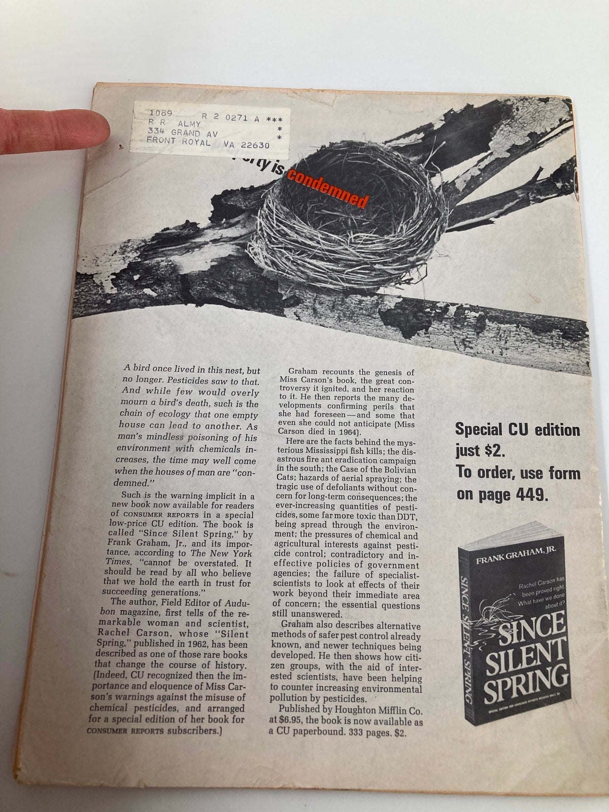 Back cover of the July 1970 Consumer Reports Magazine, featuring the warning 'Energy is condemned' and promoting a special CU edition of 'Since Silent Spring'. This collectible magazine reflects consumer concerns and environmental awareness of the 1970s.