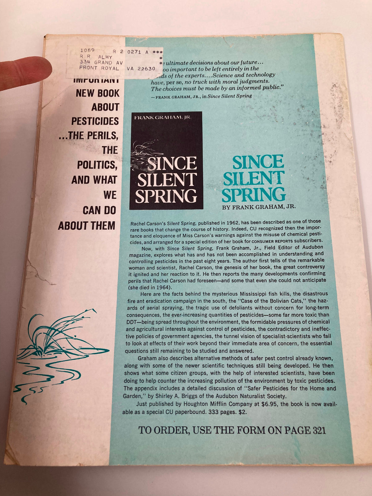 Back cover of the Consumer Reports Magazine from May 1970, featuring an advertisement for a book titled 'Since Silent Spring' by Frank Graham, Jr. The cover discusses important topics such as pesticides, politics, and responsible public decision-making, reflecting the environmental concerns of the era.