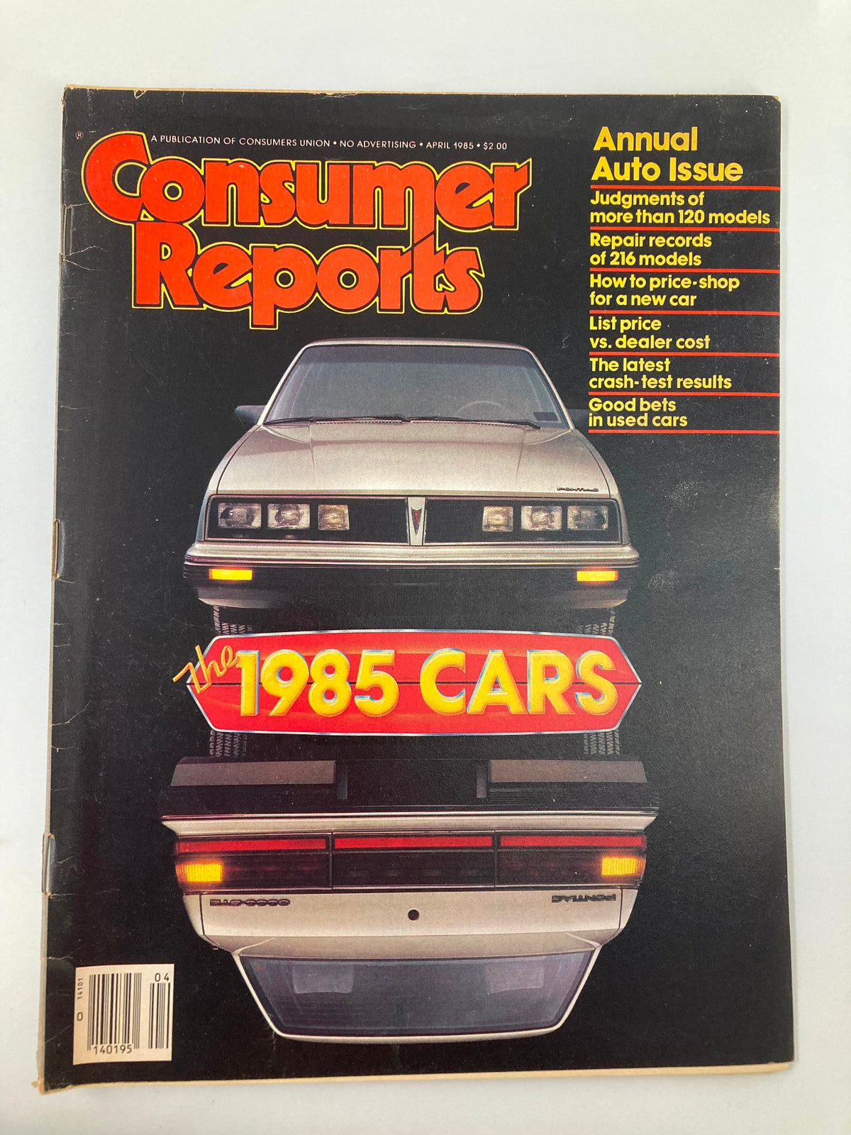 Consumer Reports Magazine April 1985 cover featuring automobiles. The cover highlights the Annual Auto Issue with judgments of more than 120 models.