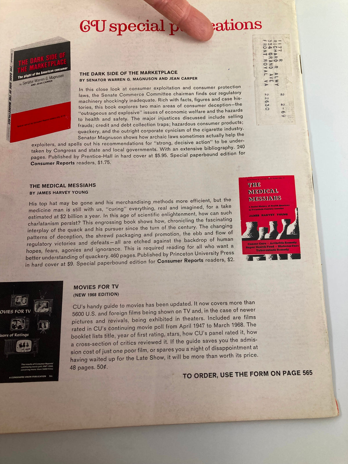 Inside back page of VTG Consumer Reports Magazine, October 1968, showcasing advertisements and additional reading recommendations related to consumer products.
