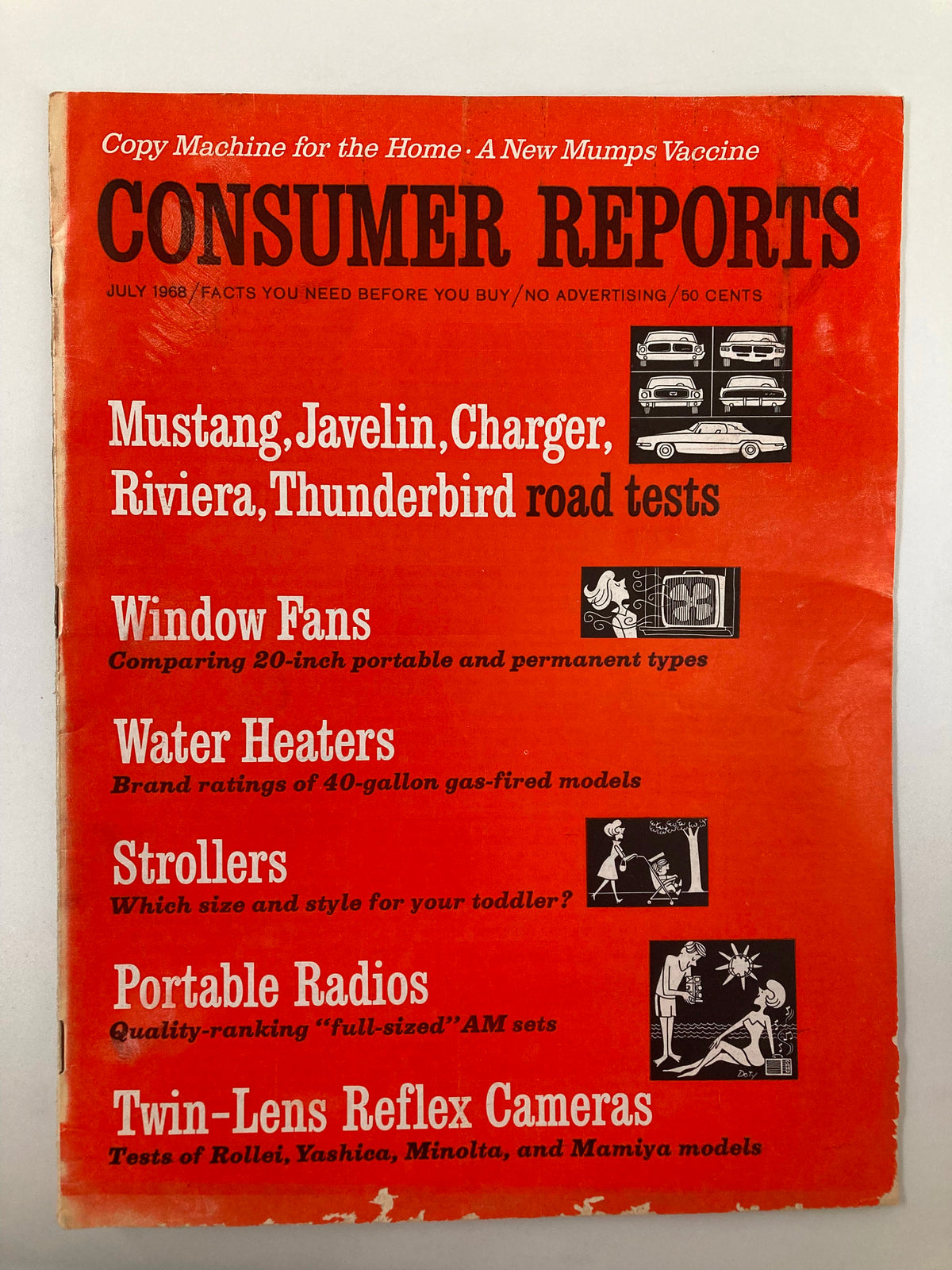 VTG Consumer Reports Magazine July 1968 featuring road tests of Ford Mustang, AMC Javelin, and Dodge Charger, showcasing automotive insights and vintage design.