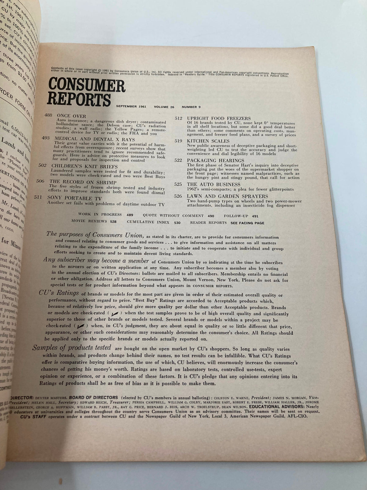 Interior page of VTG Consumer Reports Magazine September 1961, presenting an overview of articles, including 'Upright Food Freezers' and 'Children's Knit Briefs'.