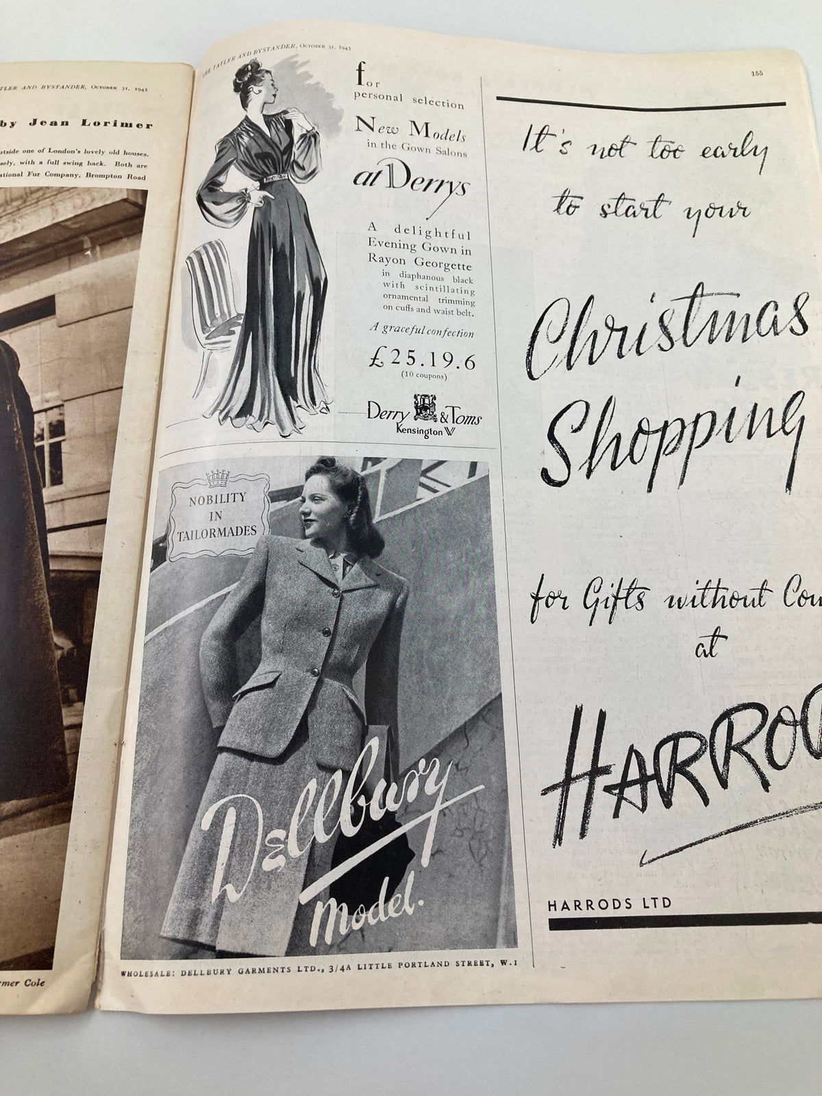 Fashion advertisement page in The Tatler and Bystander Magazine, October 31, 1945, illustrating elegant evening gowns and attire available at Derry's. The ad emphasizes mid-20th century British fashion.
