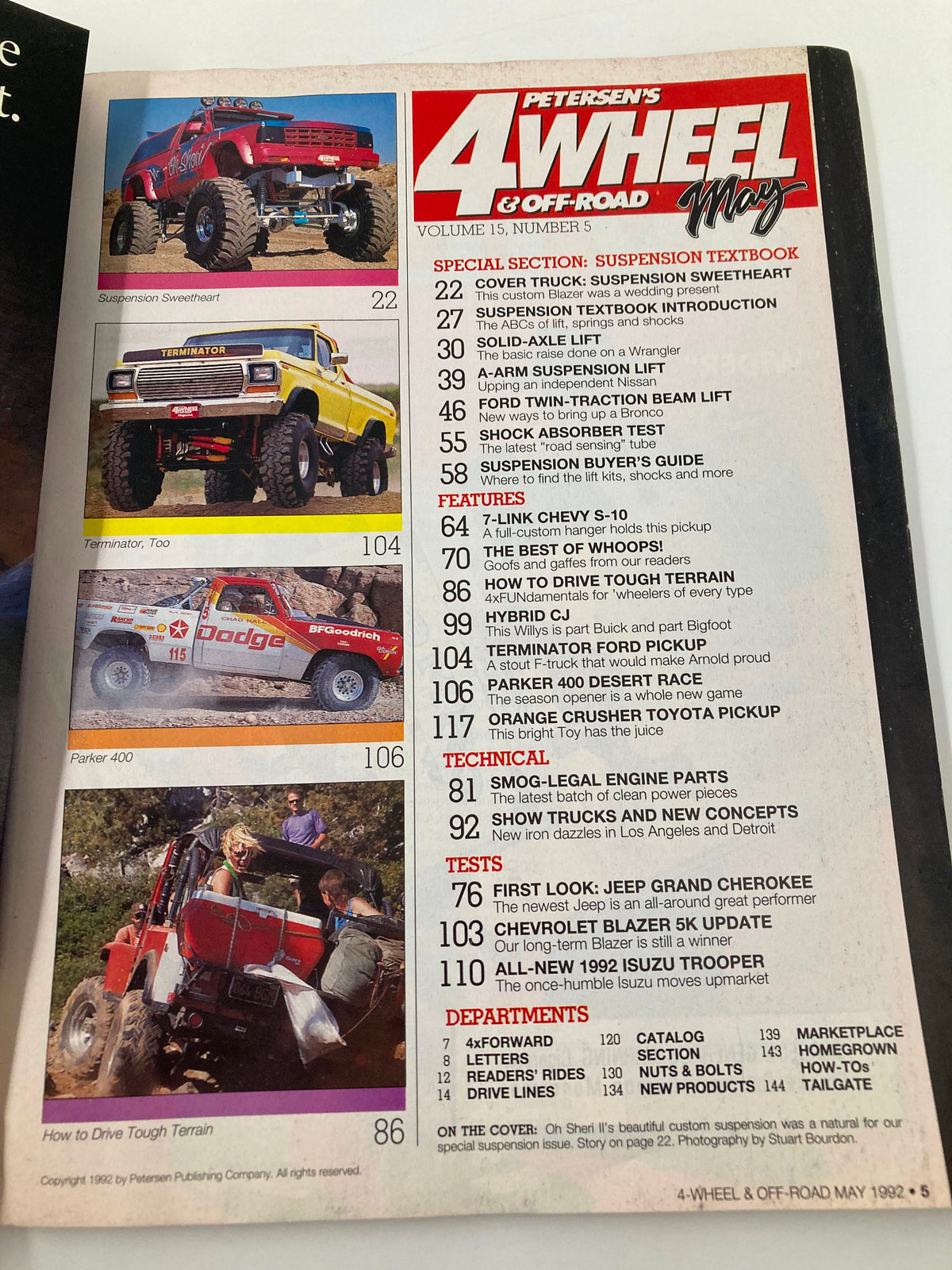 Petersen's 4 Wheel & Off-Road Magazine May 1992 cover featuring custom off-road vehicles including a modified truck, a Terminator vehicle, and a Jeep, showcasing the issue's focus on suspension tips and technical insights for off-road enthusiasts.