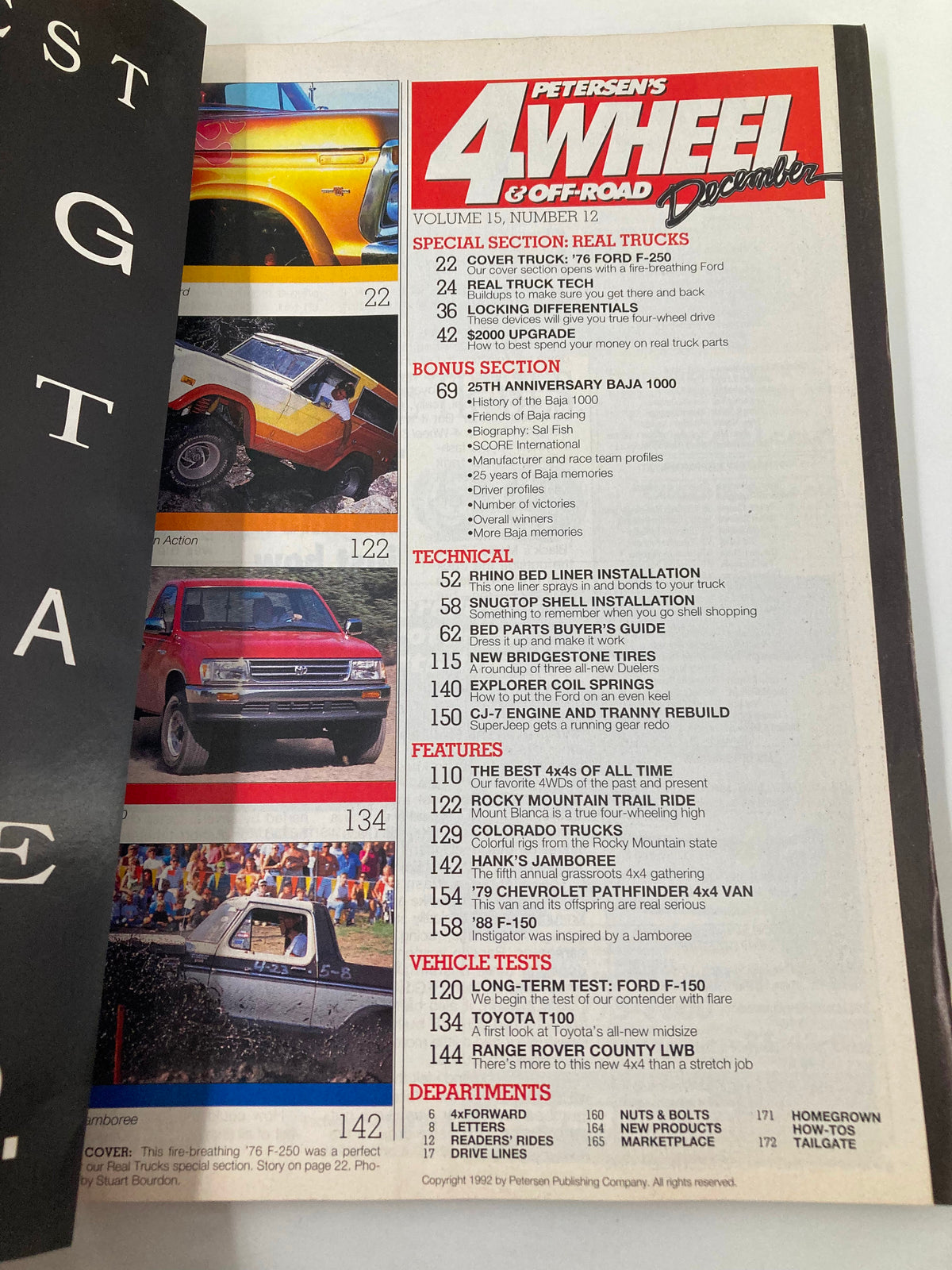 Interior page from Petersen's 4 Wheel & Off-Road Magazine December 1992, highlighting articles and features about trucks, including sections on the Baja 1000 and technical specifications for off-road vehicles.