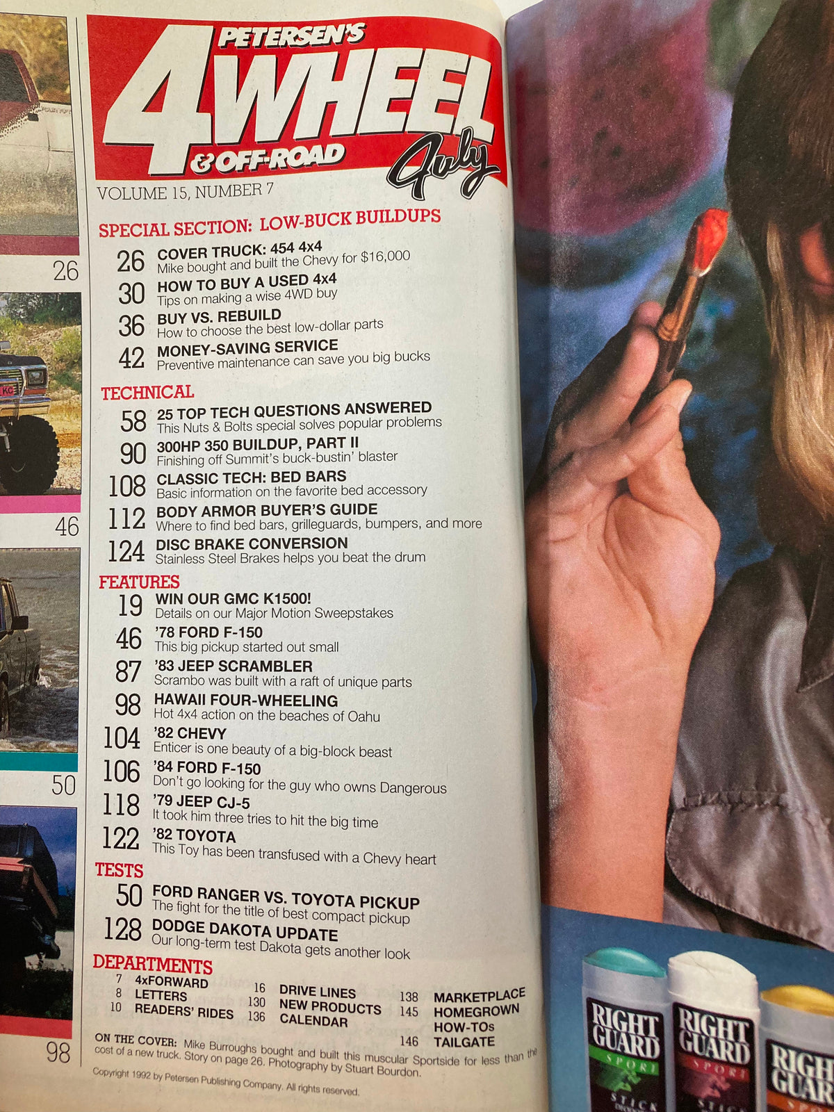 Table of contents from Petersen's 4 Wheel & Off-Road Magazine, July 1992, highlighting special sections on 'Low-Buck Buildups' and key features such as vehicle tips and technical questions, underlining the magazine's focus on off-road vehicles and DIY projects.