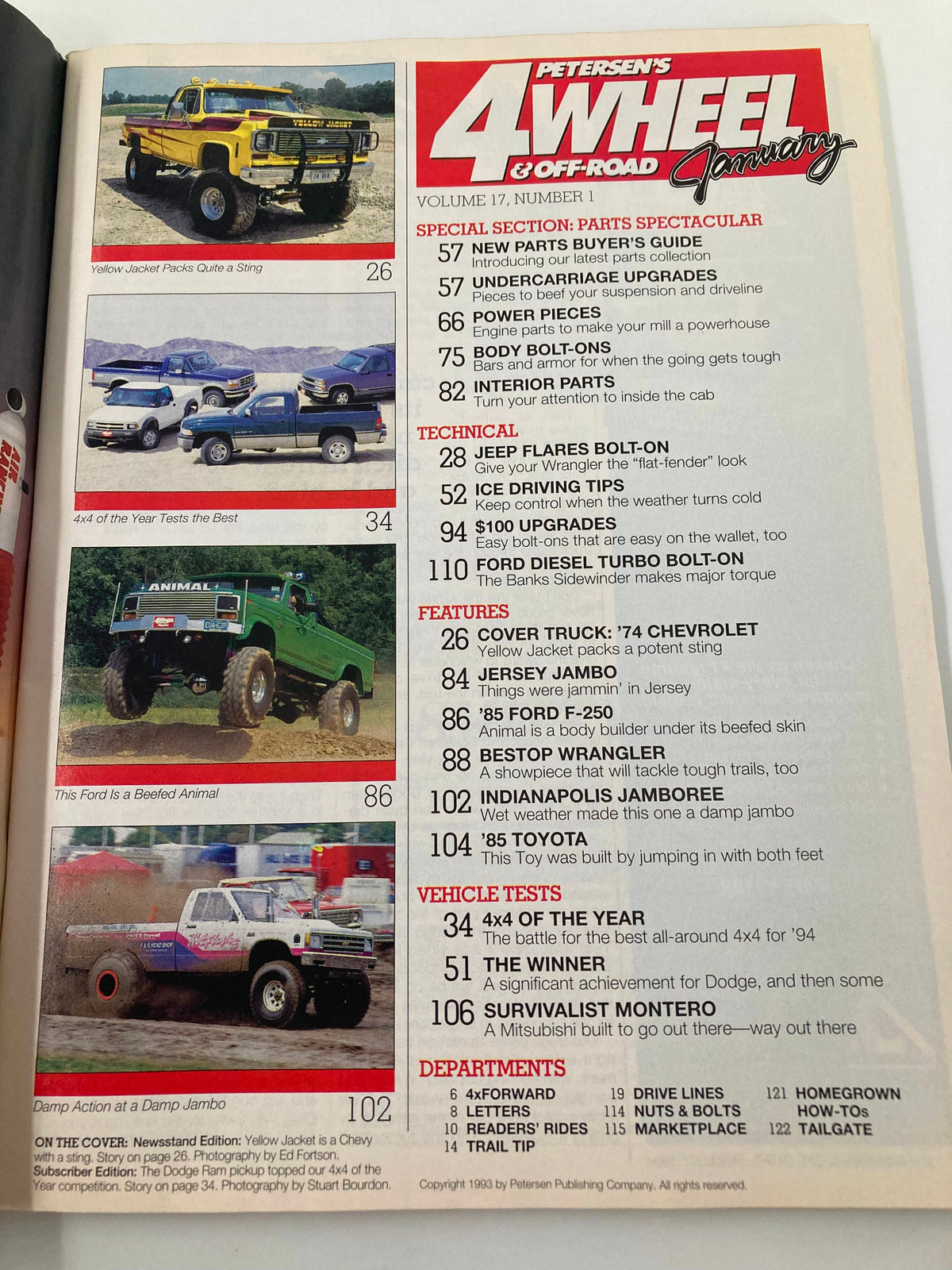 Interior page of Petersen's 4 Wheel & Off-Road Magazine January 1994, highlighting articles on Jeep Fender Flares and various 4x4 vehicles, providing insights into off-road modifications and techniques.