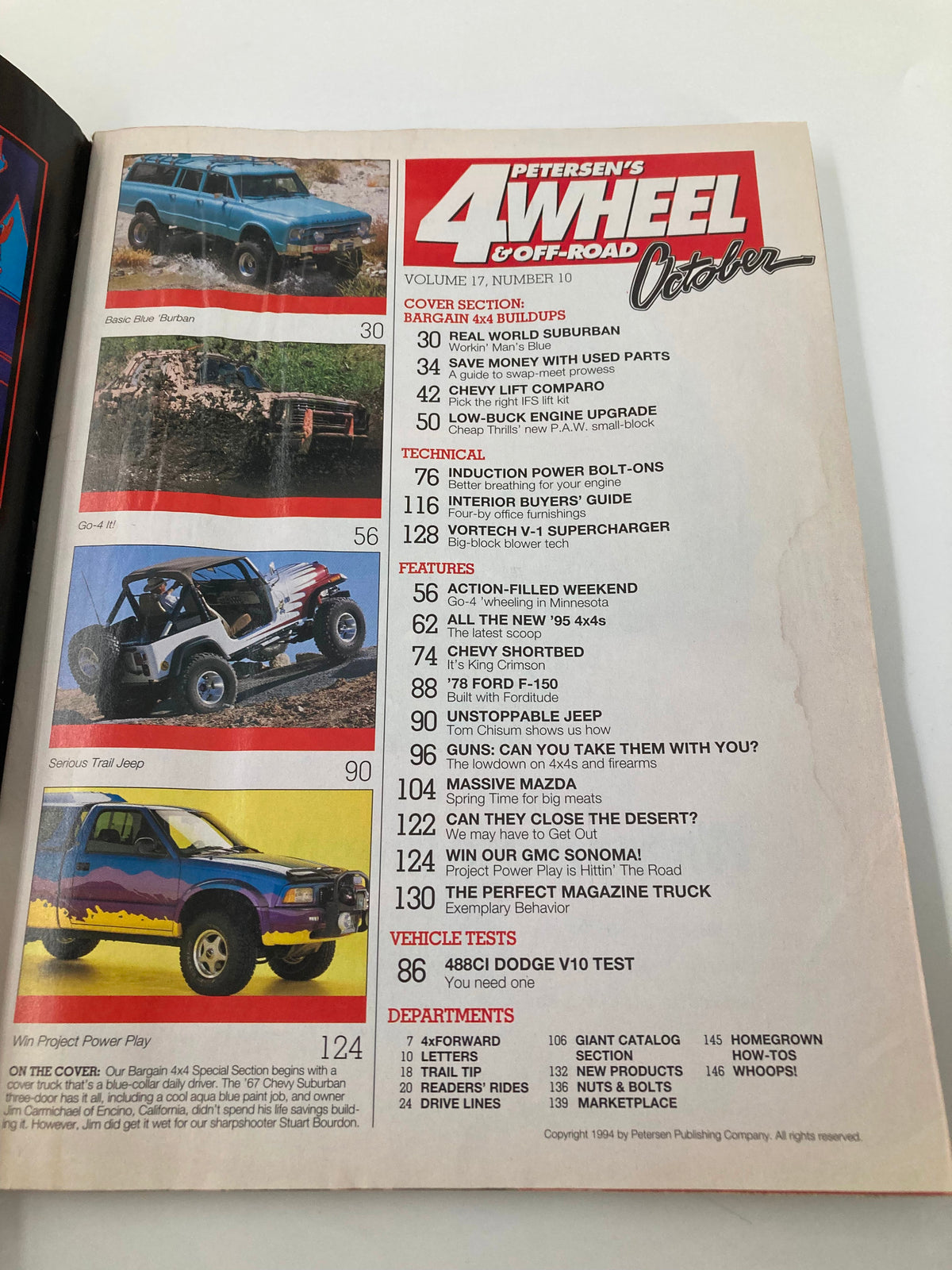 Interior page of Petersen's 4 Wheel & Off-Road Magazine October 1994 displaying the table of contents, featuring articles on budget 4x4 buildups and related topics.