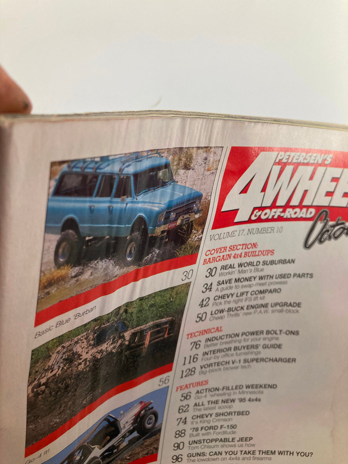 Detailed view of the table of contents from Petersen's 4 Wheel & Off-Road Magazine October 1994, highlighting various articles related to off-road vehicles and budget modifications.