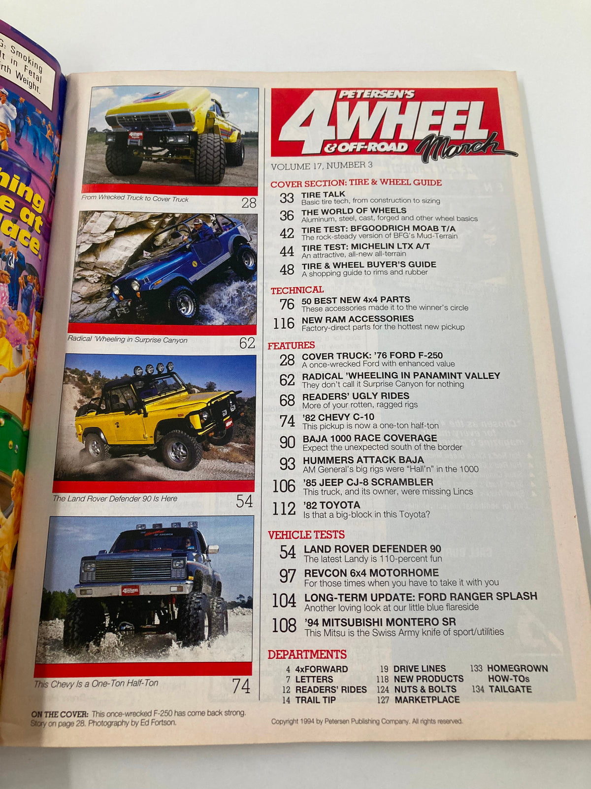 Interior page from Petersen's 4 Wheel & Off-Road Magazine March 1994 showing features on off-road vehicles including the Ford F-250 and Land Rover Defender.