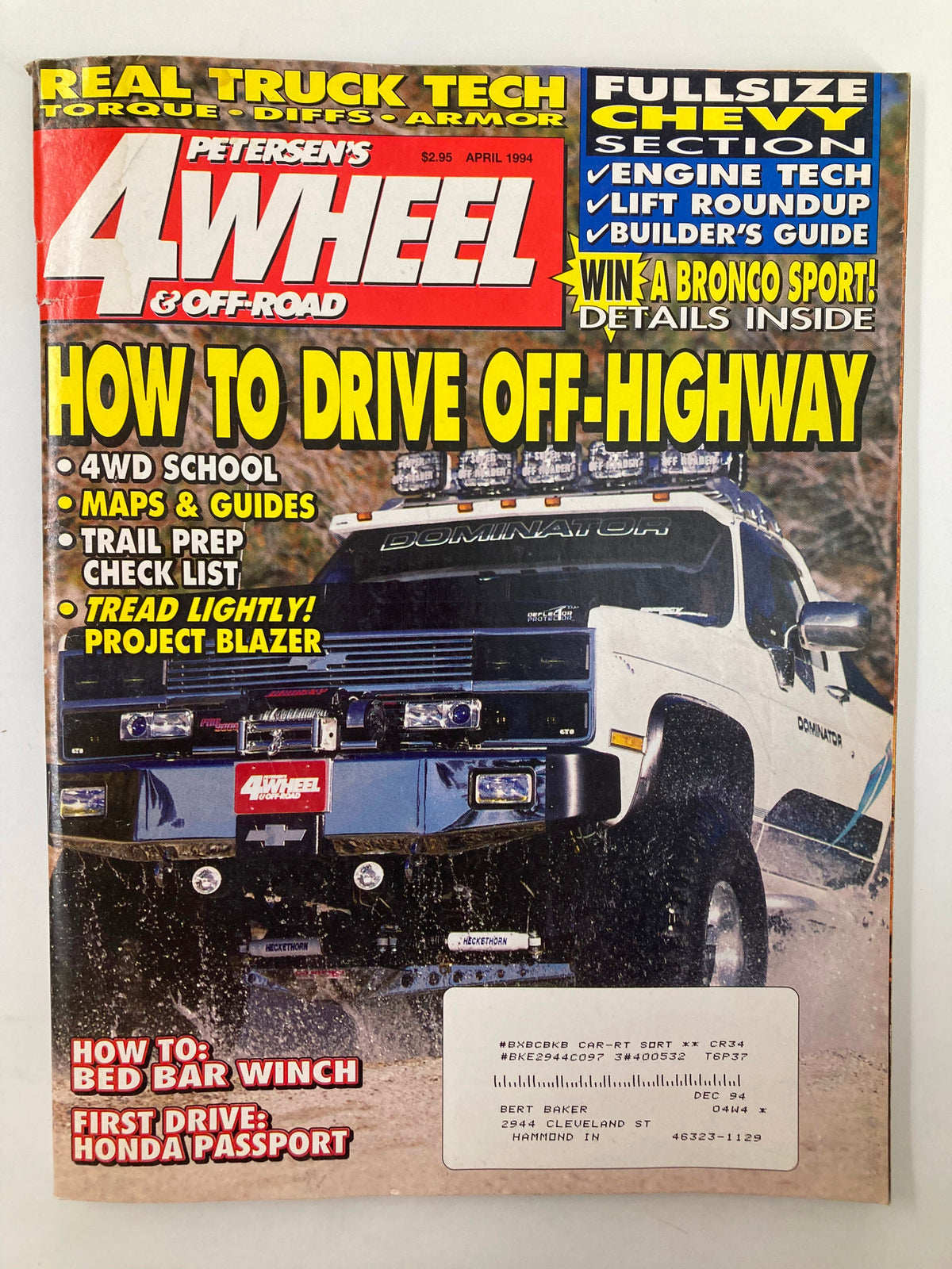 Petersen's 4 Wheel & Off-Road Magazine April 1994 cover featuring a Chevrolet truck in action, highlighting the feature article 'How To Drive Off-Highway', along with additional content on 4WD school, maps, guides, and off-road techniques.