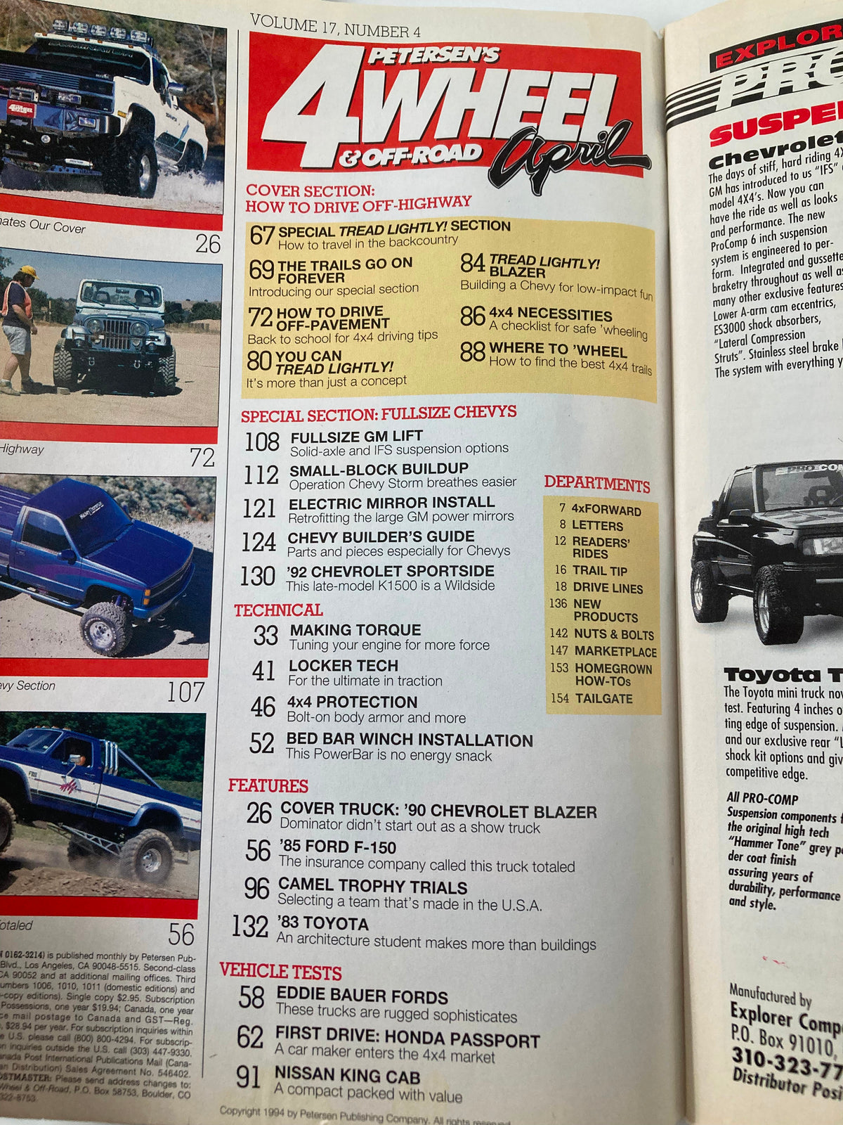 Petersen's 4 Wheel & Off-Road Magazine April 1994 cover showing rugged vehicles and features such as 'How To Drive Off-Highway' and 4x4 techniques. Includes sections on driving, vehicle tests, and off-road lifestyle.