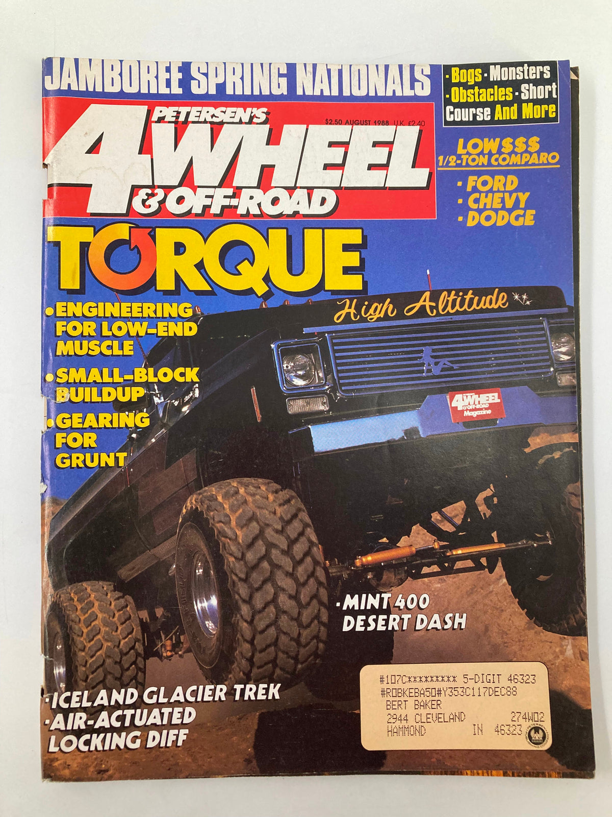 Cover of Petersen's 4 Wheel & Off-Road Magazine August 1988, featuring the title 'Torque' and highlighting topics on engineering low-end muscle for off-road vehicles.