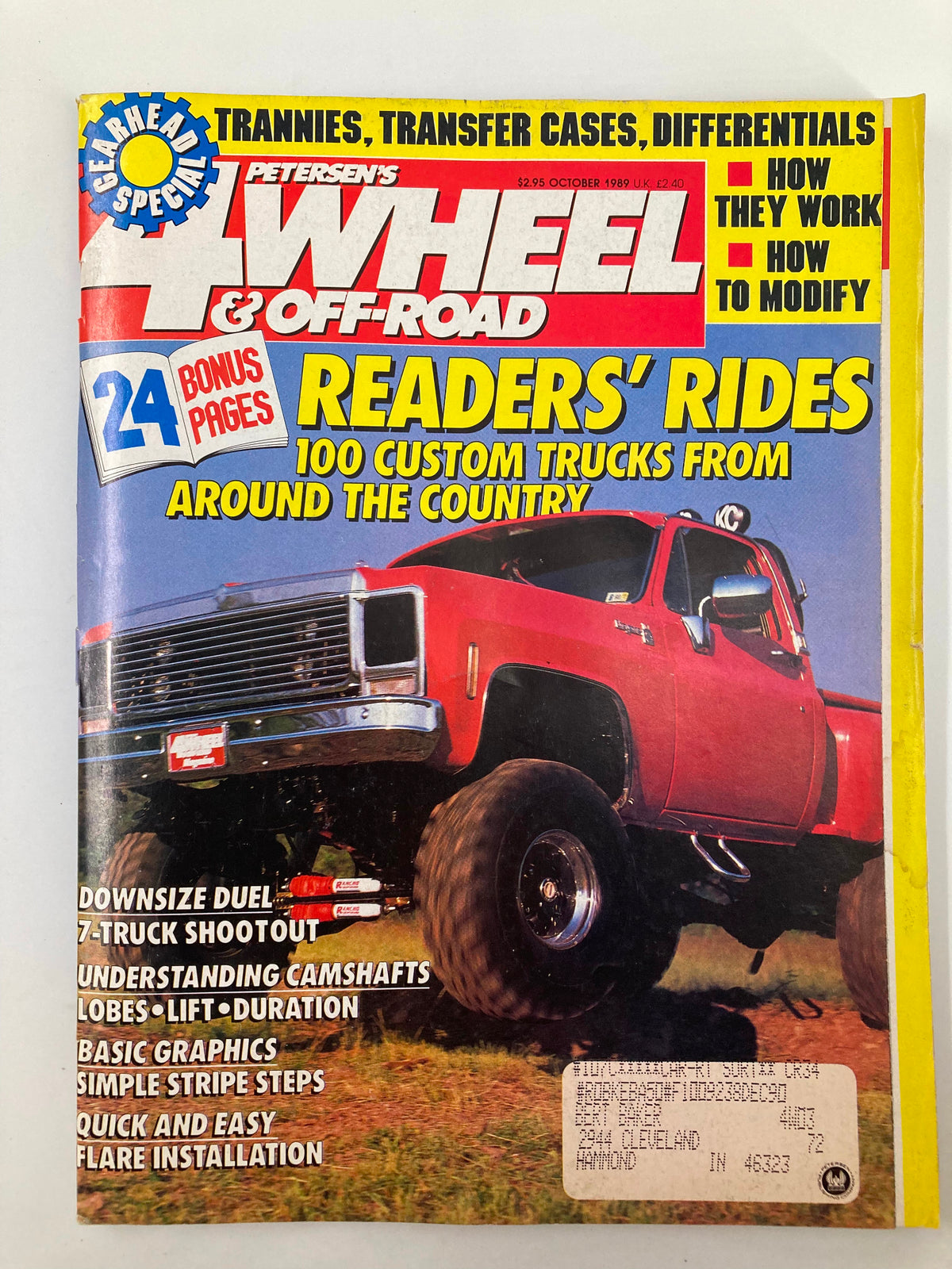 Cover of Petersen's 4 Wheel & Off-Road Magazine from October 1989 featuring custom trucks, including a prominent red truck with oversized tires, showcasing articles on truck modifications and additional features highlighted in bold text.