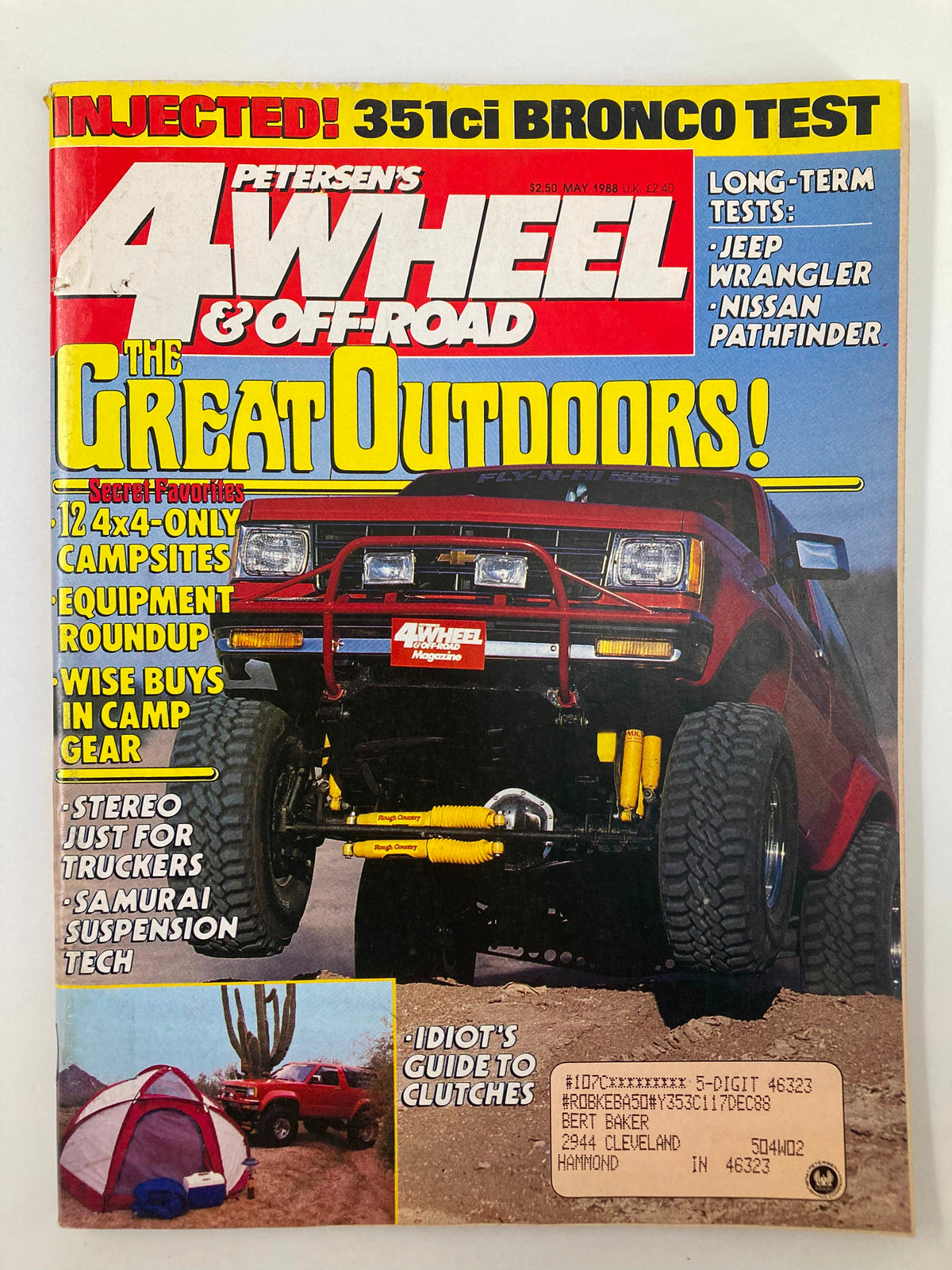 Cover of Petersen's 4 Wheel & Off-Road Magazine, May 1988 edition featuring the title 'The Great Outdoors!' with highlights on '12 4x4 Only Campsites'. The cover showcases a red off-road vehicle and includes articles about long-term tests for Jeep Wrangler and Nissan Pathfinder.