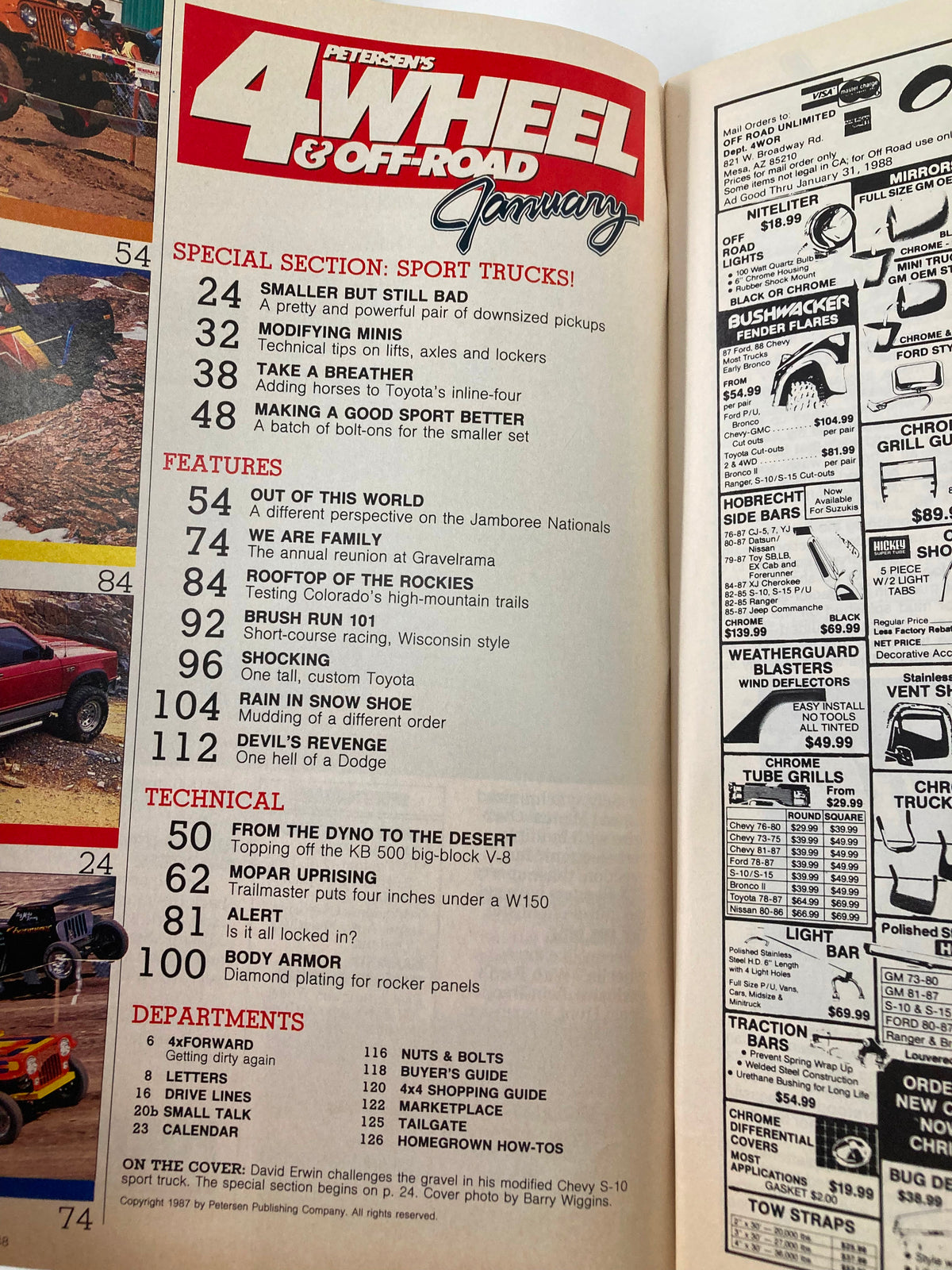Interior page of Petersen's 4 Wheel & Off-Road Magazine January 1988 displaying the contents and features section, highlighting articles on sport trucks and off-road techniques.