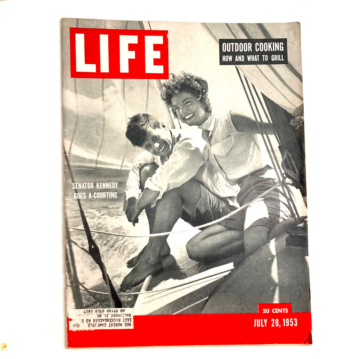 Cover of VTG Life Magazine July 20, 1953, Vol 35 No. 3 featuring John F. Kennedy courting Jackie Lee, showcasing vintage 1950s charm.
