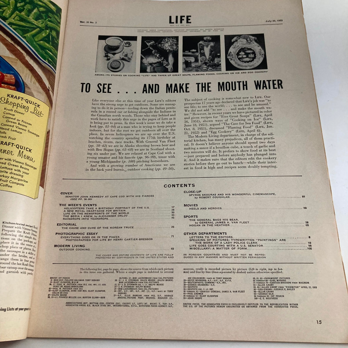 Interior page from VTG Life Magazine July 20, 1953, Vol 35 No. 3 highlighting contents including features on John F. Kennedy and outdoor cooking.