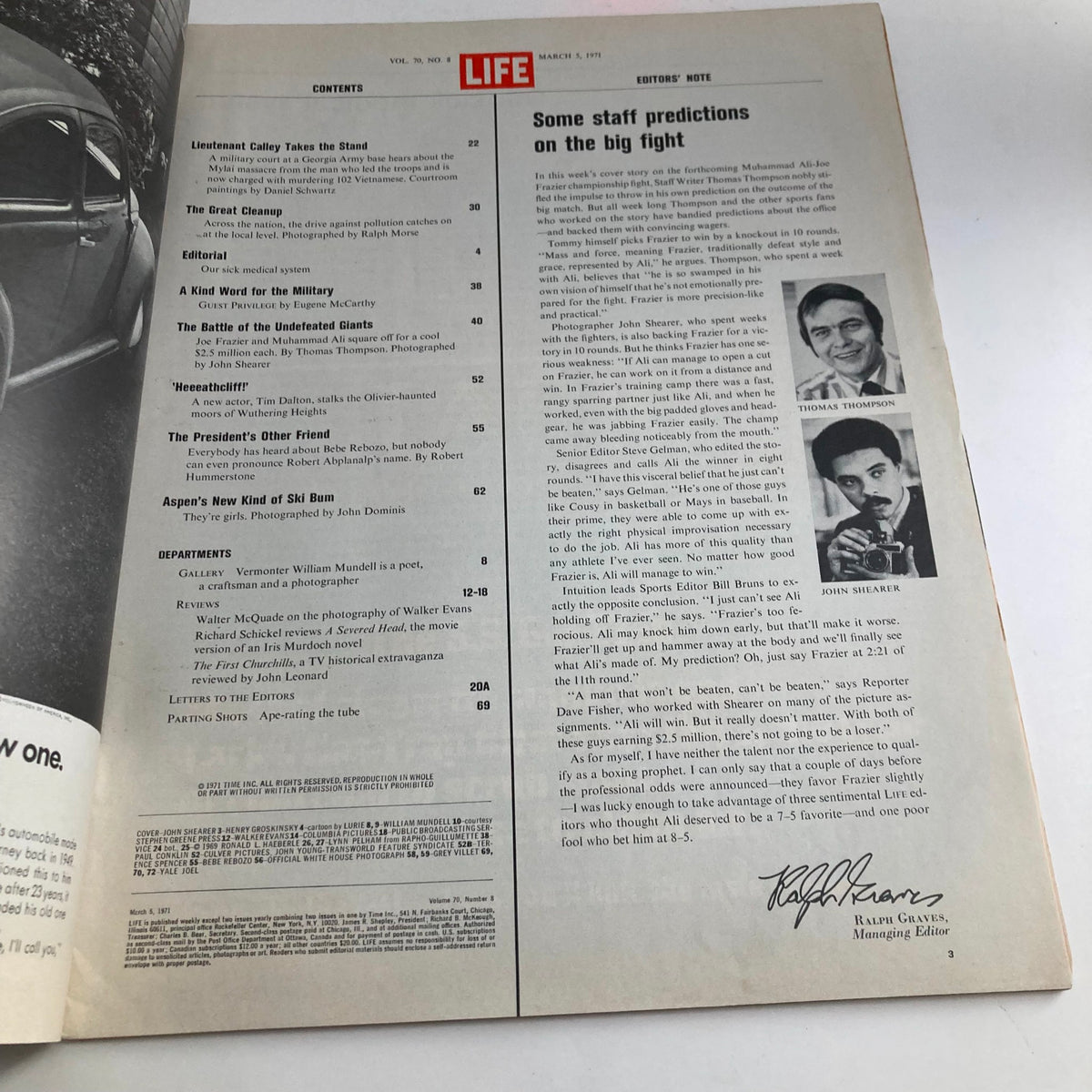 Contents page of VTG Life Magazine March 5, 1971, highlighting articles related to the Muhammad Ali and Joe Frazier fight.